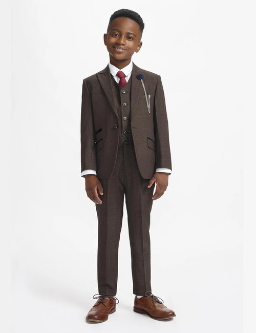 CARIDI – BROWN TWEED CHECK BOYS 3 PIECE SUIT