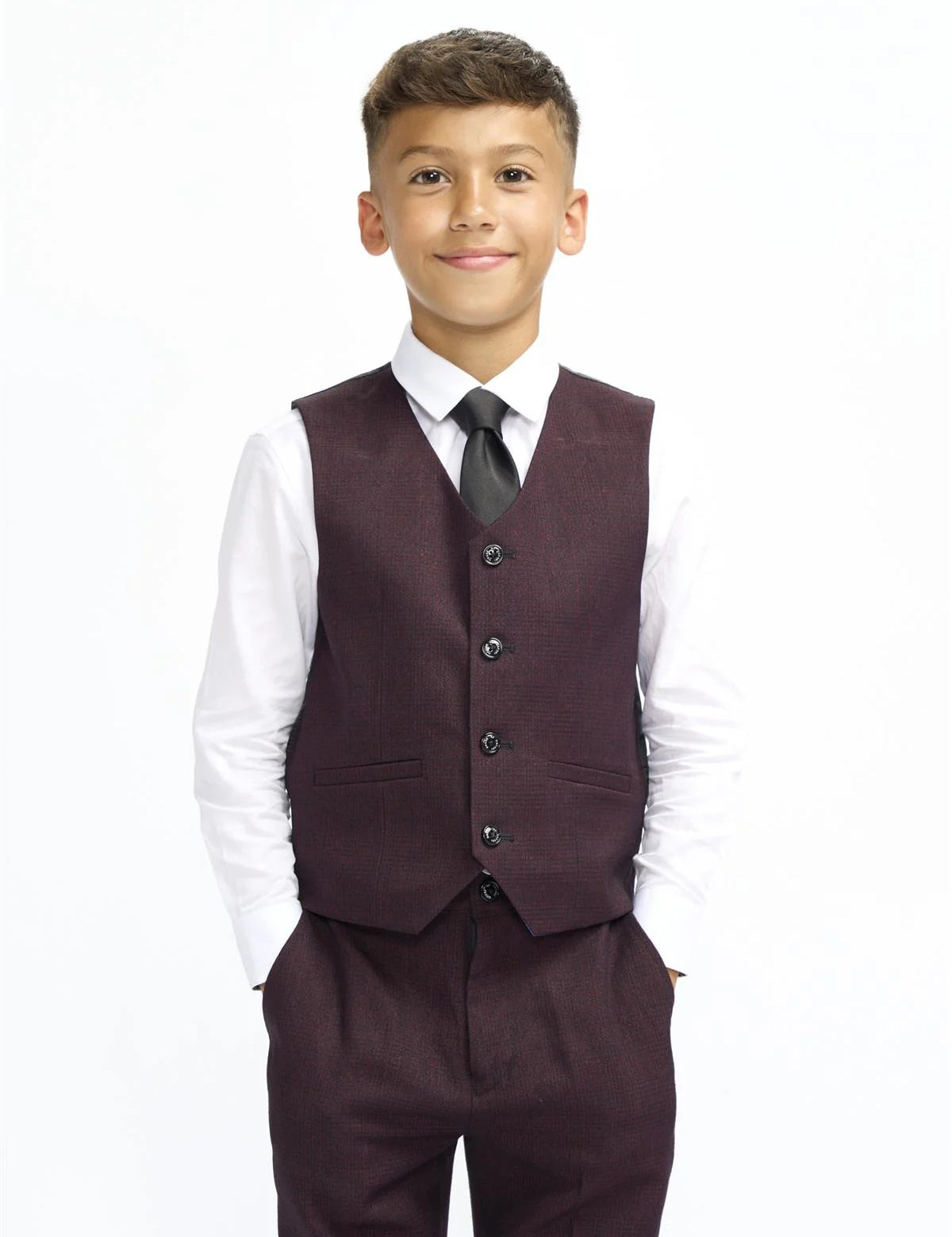 CARIDI – BOYS 3 PIECE SUIT IN MAROON CHECK