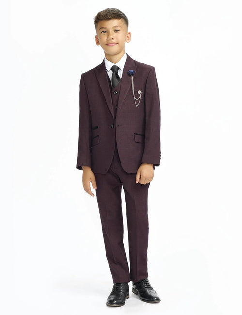 CARIDI – BOYS 3 PIECE SUIT IN MAROON CHECK