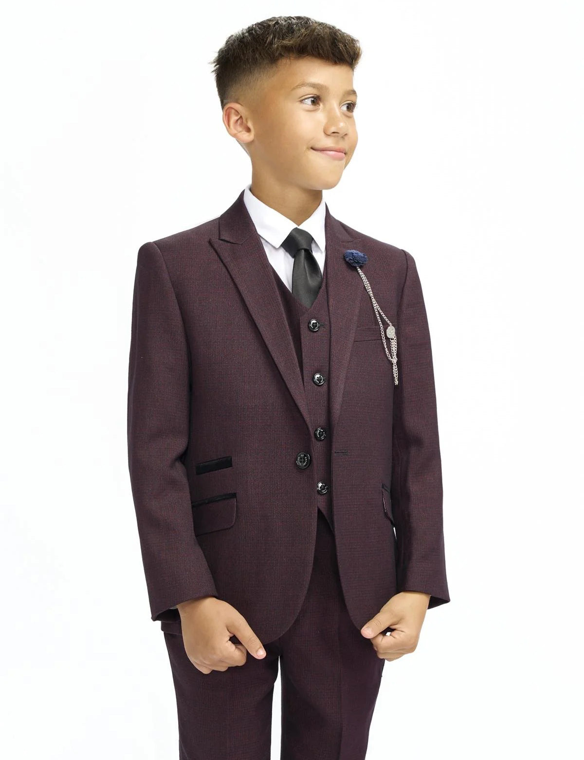 CARIDI – BOYS 3 PIECE SUIT IN MAROON CHECK
