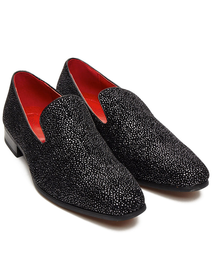 BLACK LEATHER LINED SILVER GLITTER PARTY LOAFERS