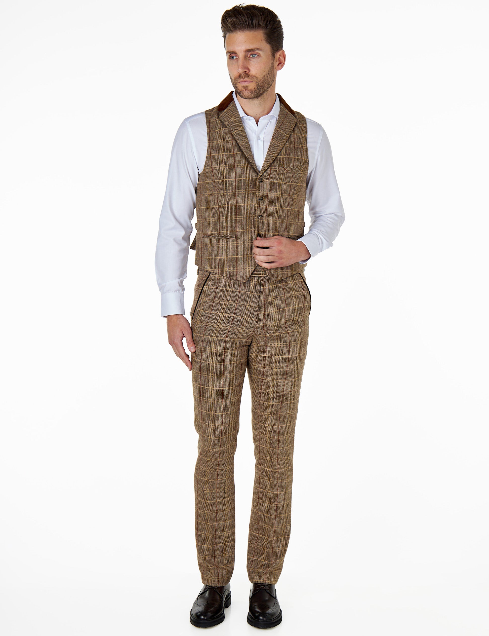 CARLO Tan Brown Tweed Check Waistcoat