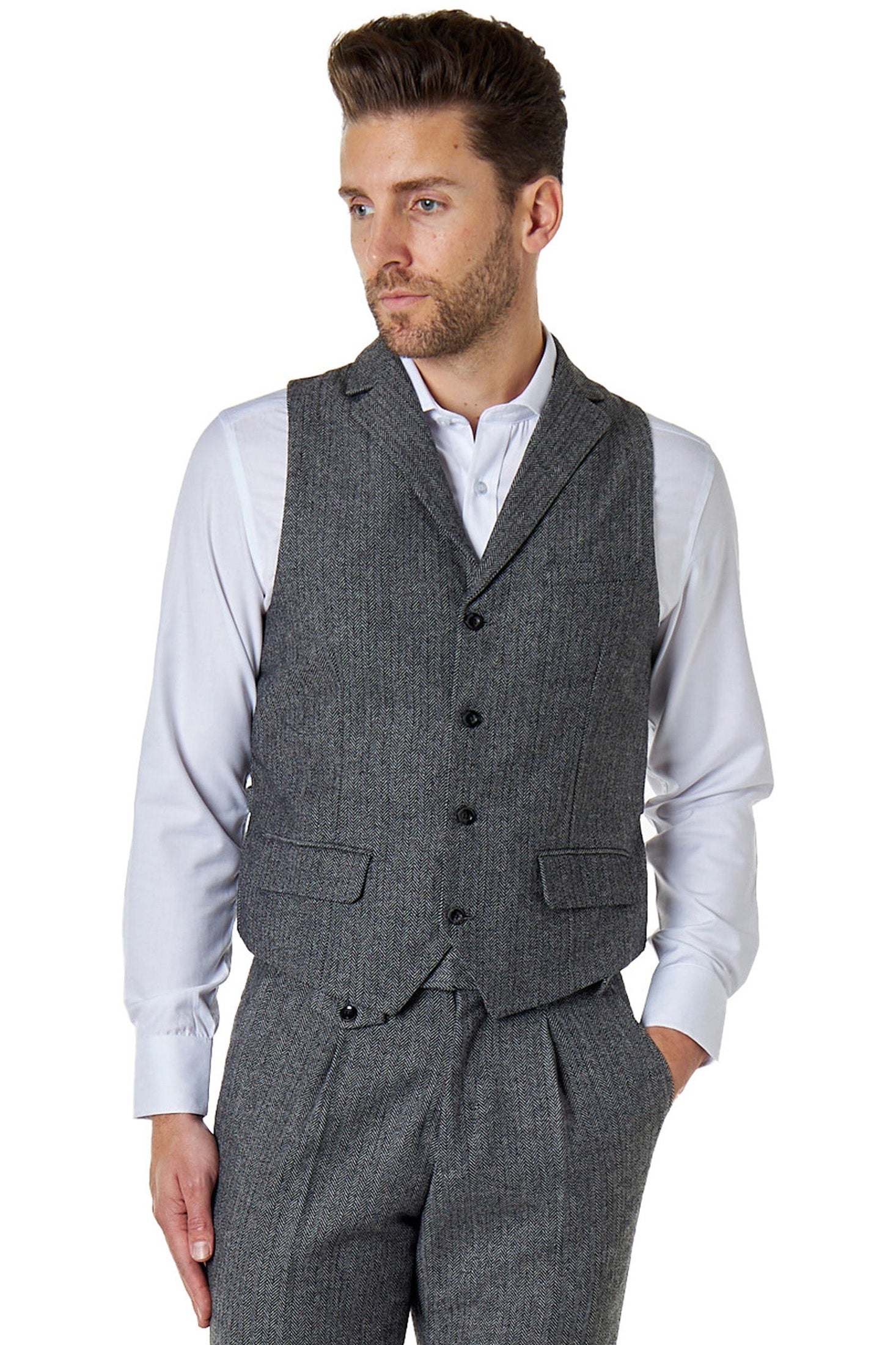 JAX - HERRINGBONE TWEED WAISTCOAT IN GREY