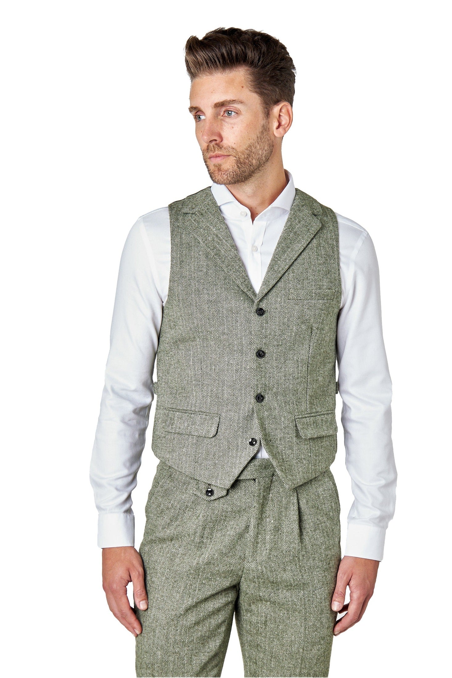 GREEN HERRINGBONE COLLARED WAISTCOAT