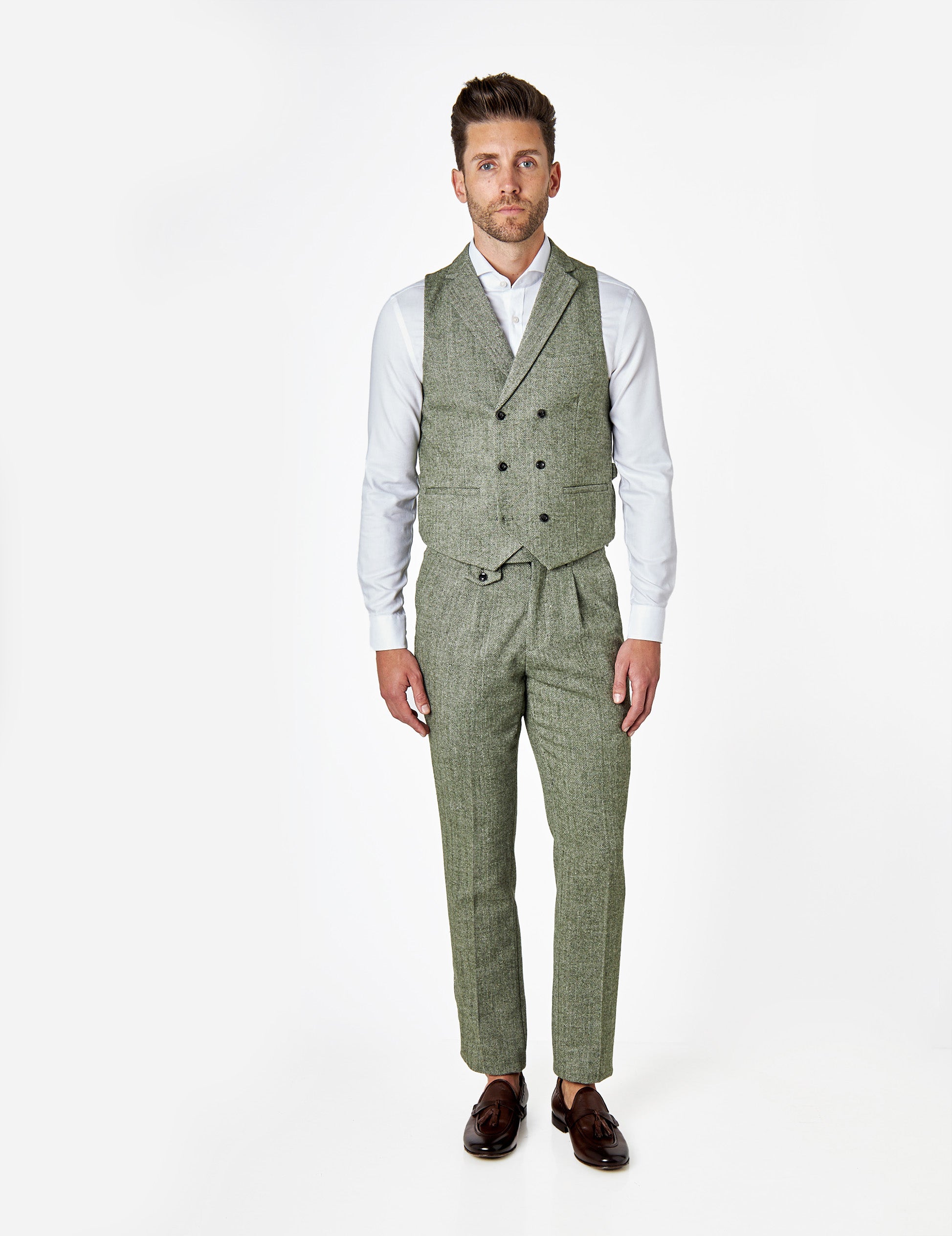 GREEN HERRINGBONE DOUBLE BREASTED WAISTCOAT