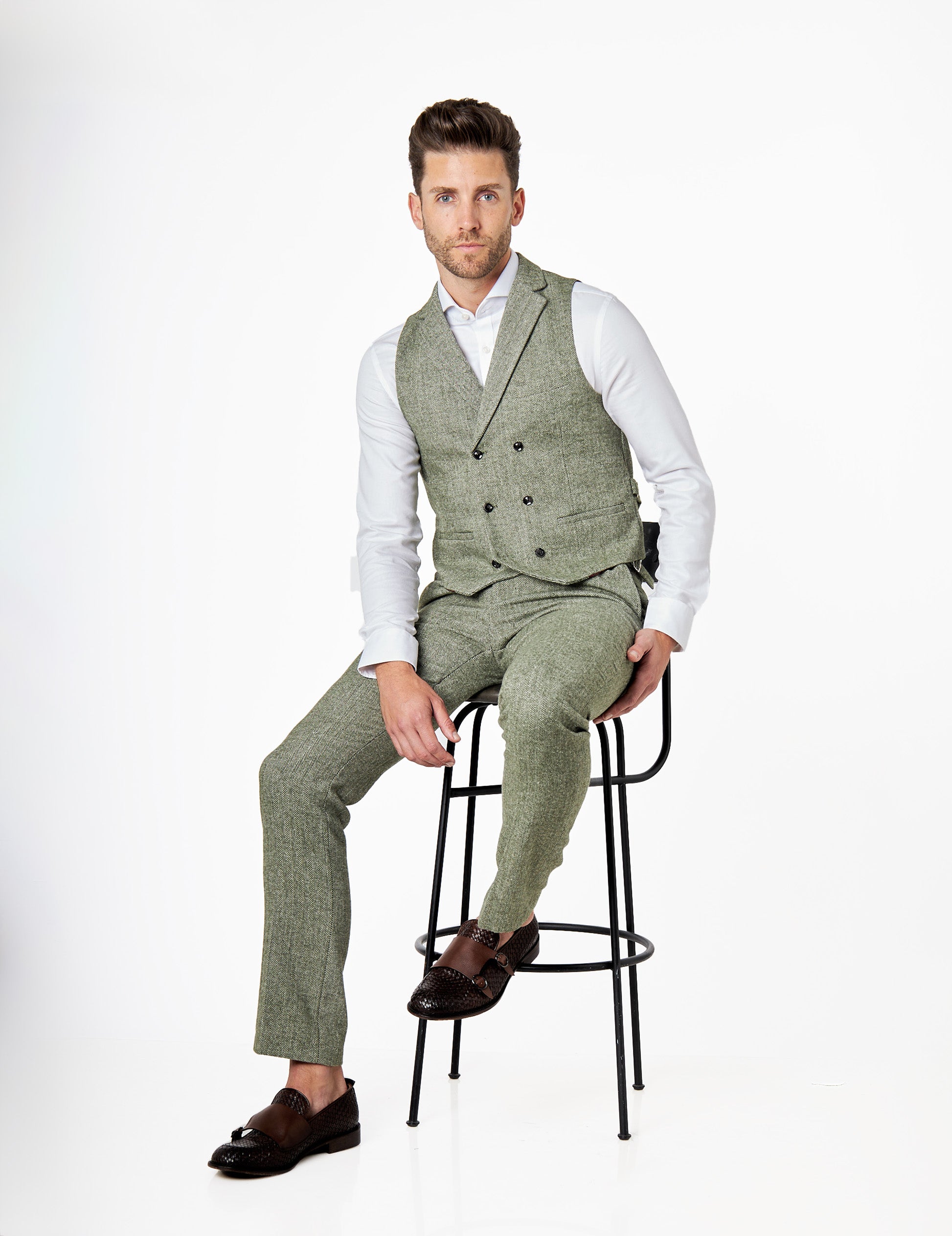 GREEN HERRINGBONE DOUBLE BREASTED WAISTCOAT