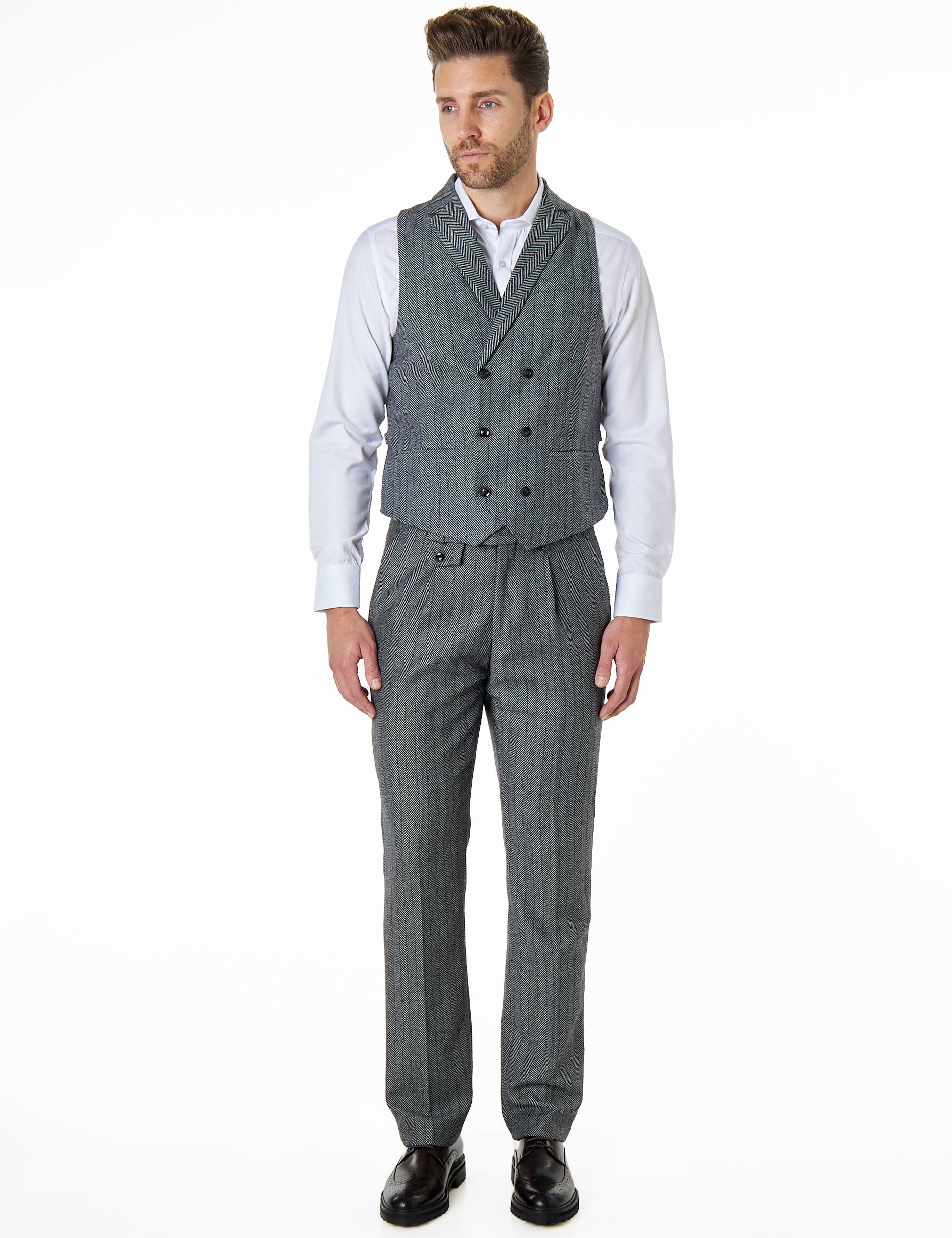 TYLER - HERRINGBONE TWEED DOUBLE BREASTED GREY WAISTCOAT