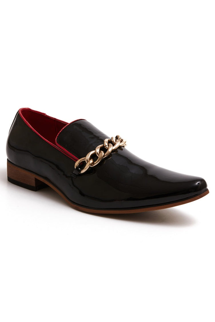 BLACK PATENT LOAFERS WITH GOLD CHAIN