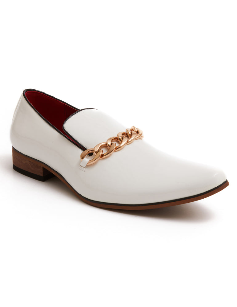WHITE PATENT LOAFERS WITH GOLD CHAIN