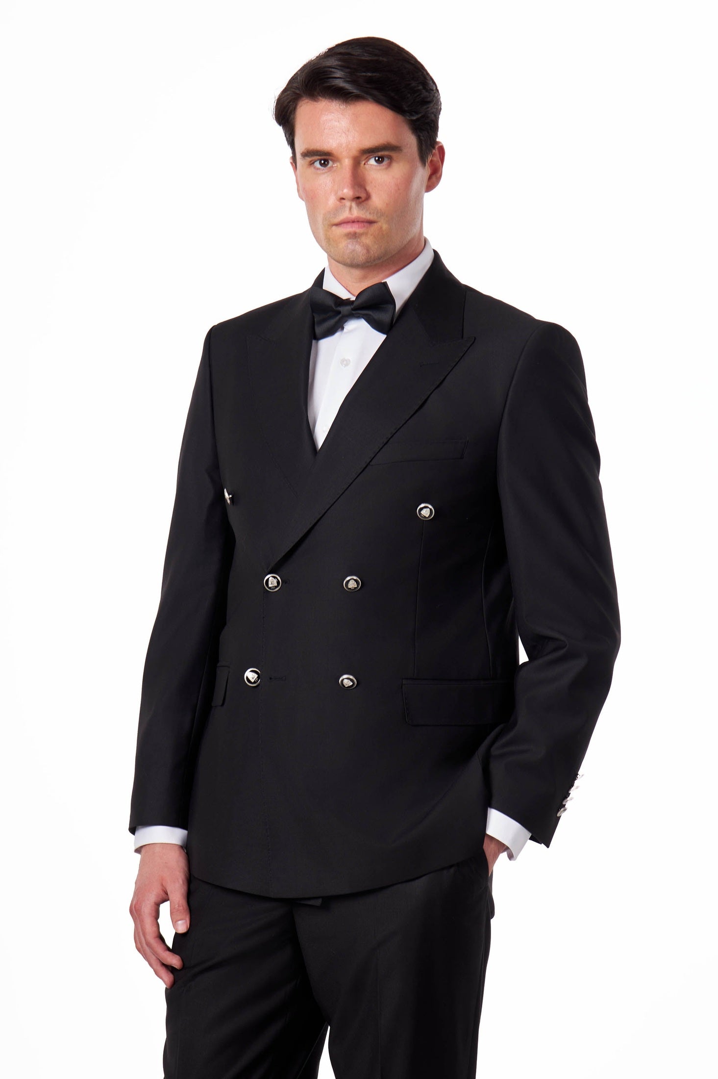 Black Slim Fit Double Breasted Tux Suit with Silver Buttons