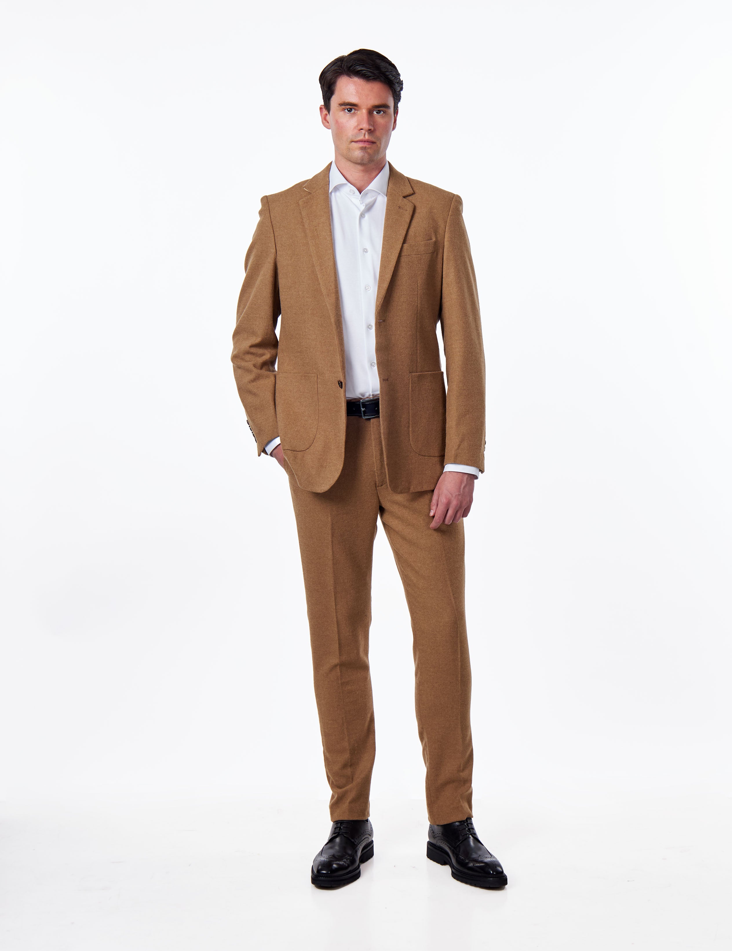 TAILORED CAMEL FLANNEL WOOL BLEND 2 PIECE SUIT