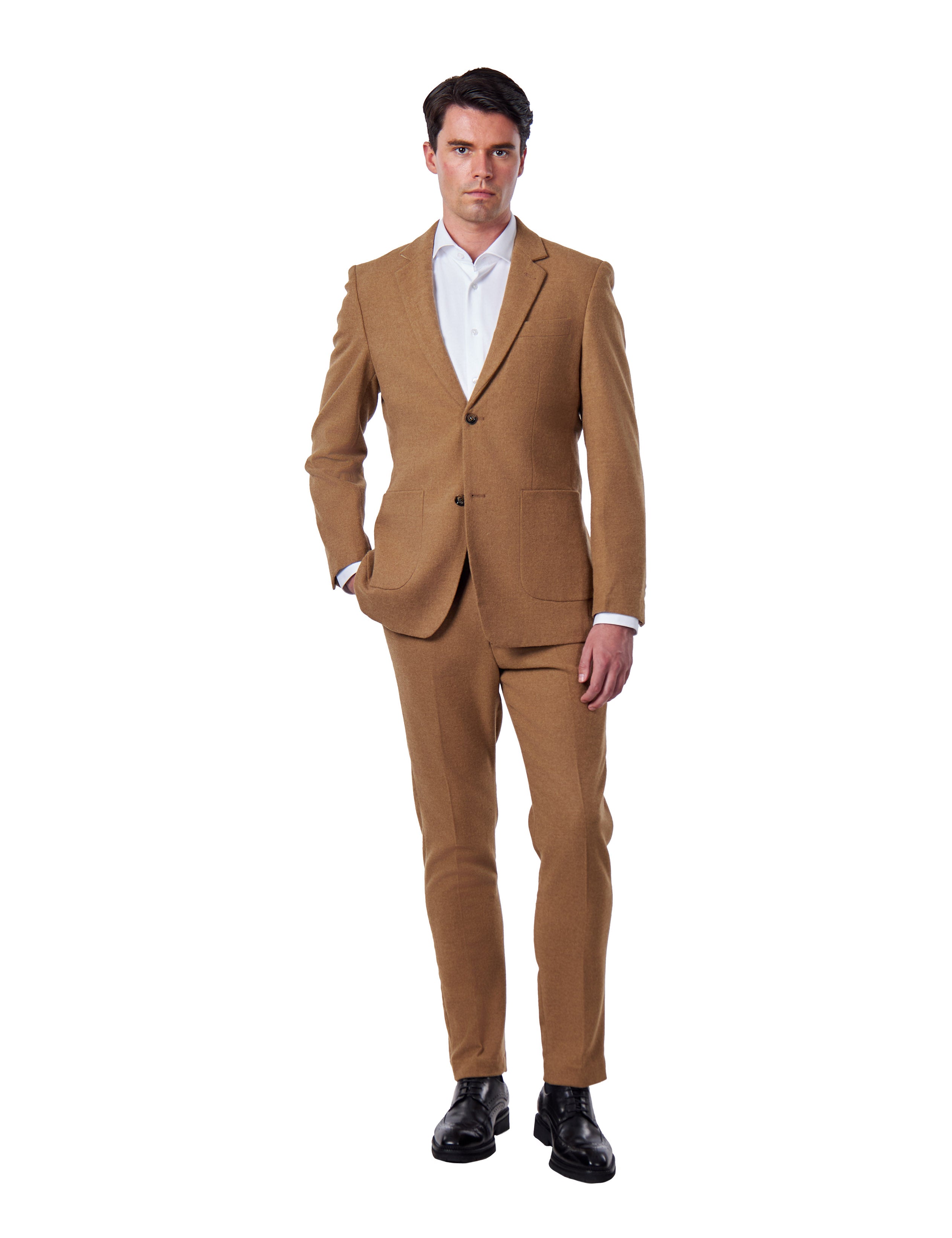 TAILORED CAMEL FLANNEL WOOL BLEND 2 PIECE SUIT
