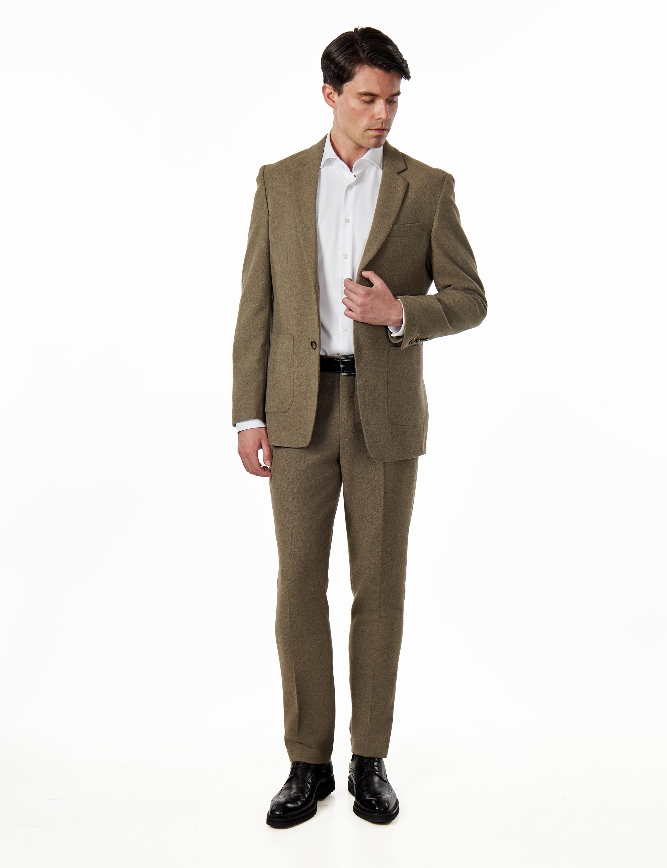 TAILORED KHAKI FLANNEL WOOL BLEND 2 PIECE SUIT