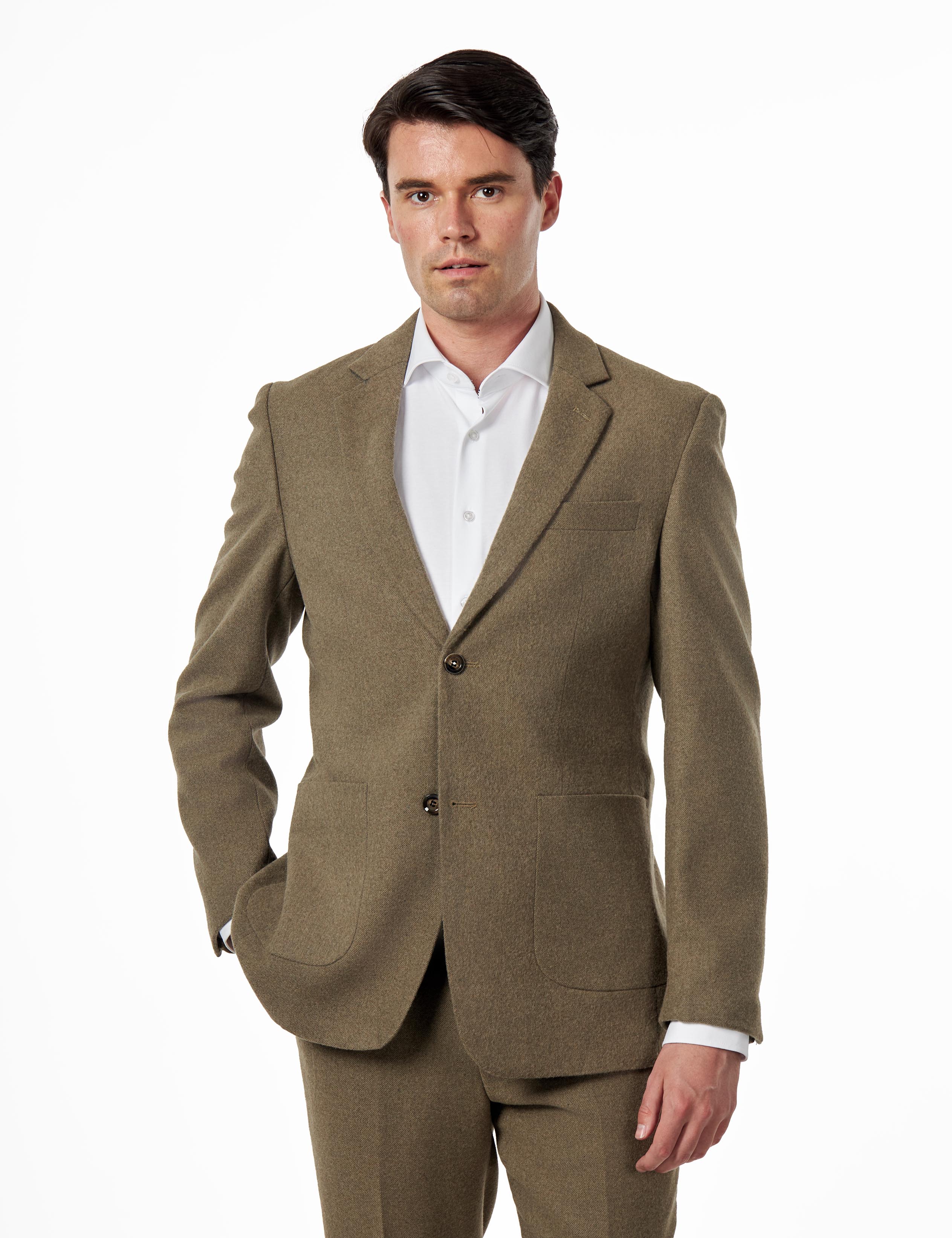 TAILORED KHAKI FLANNEL WOOL BLEND 2 PIECE SUIT