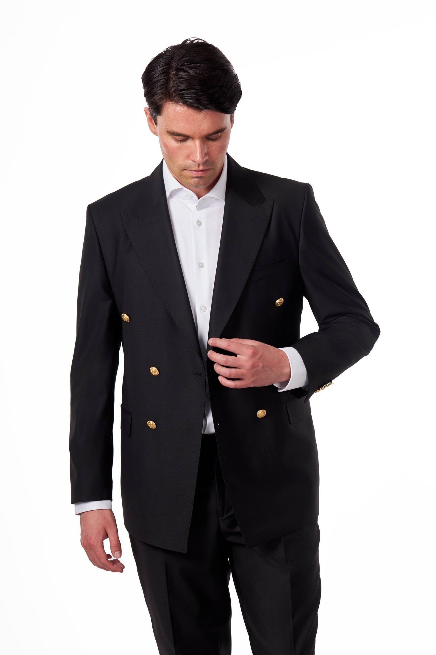 Black Slim Fit Double Breasted Tux Suit with Gold Buttons