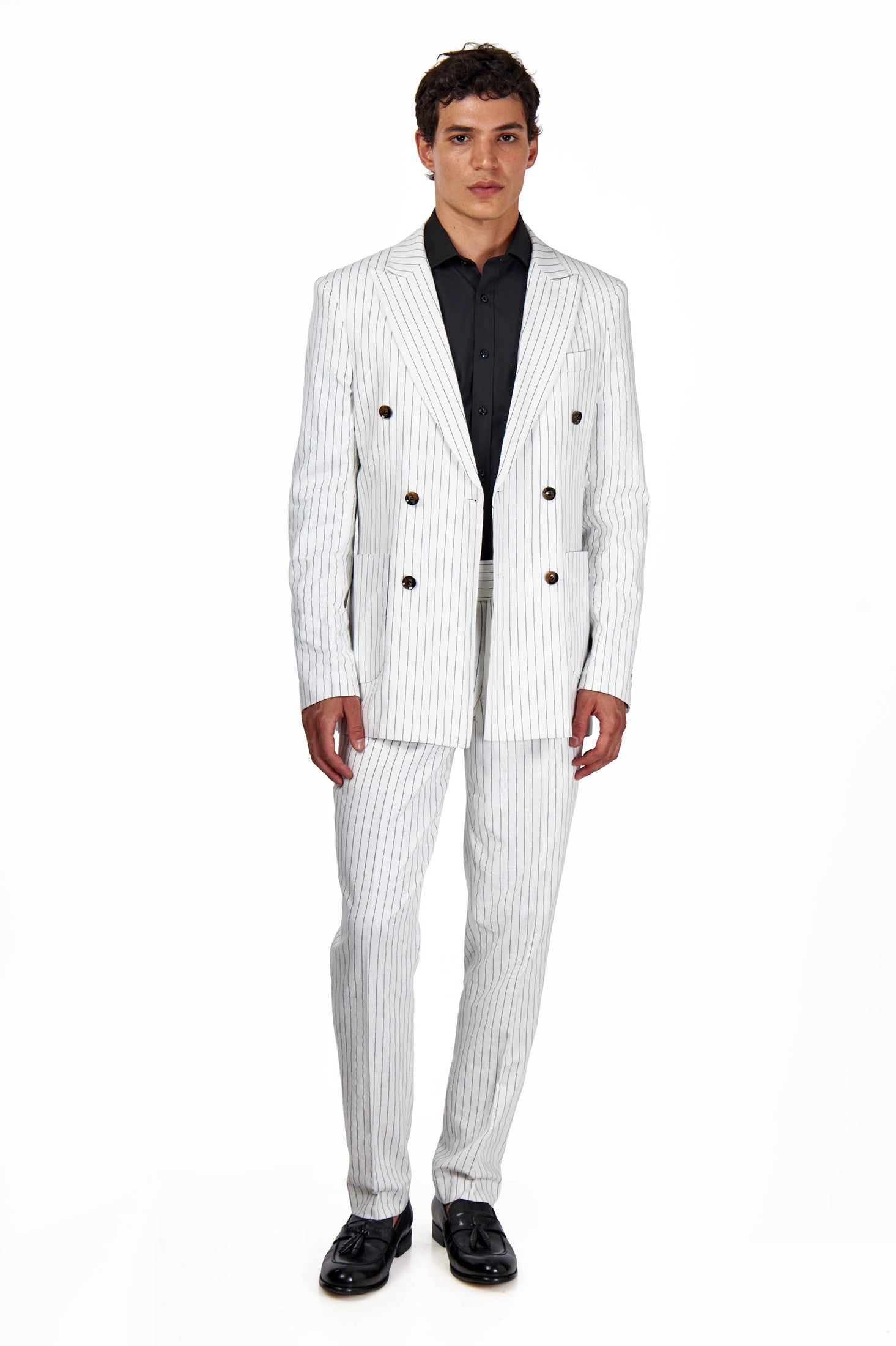 LLOYD – Double Breasted Linen Jacket In White Pinstripes