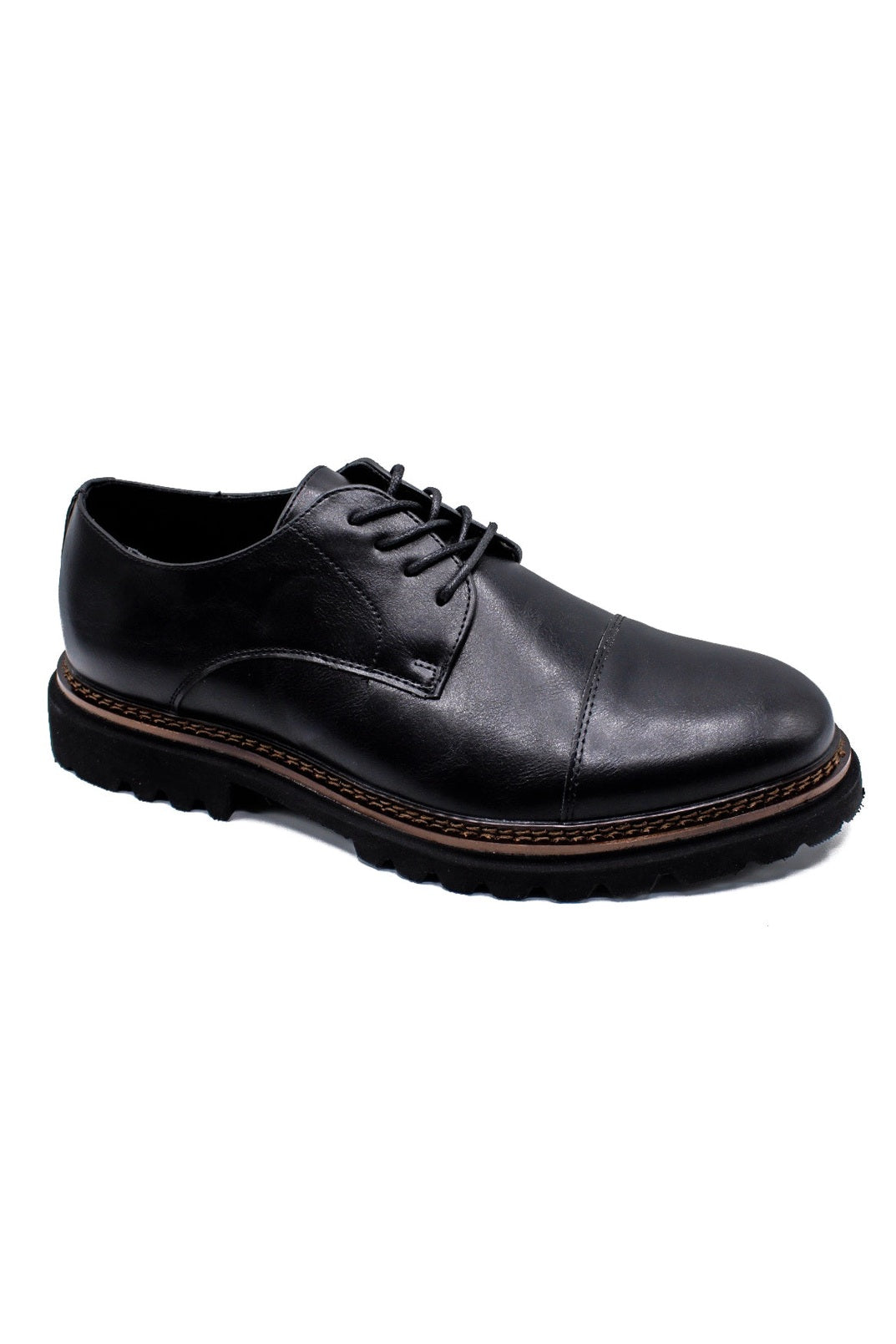 Men’s Round Toe Cap Derby Shoes, Rugged Sole - Black