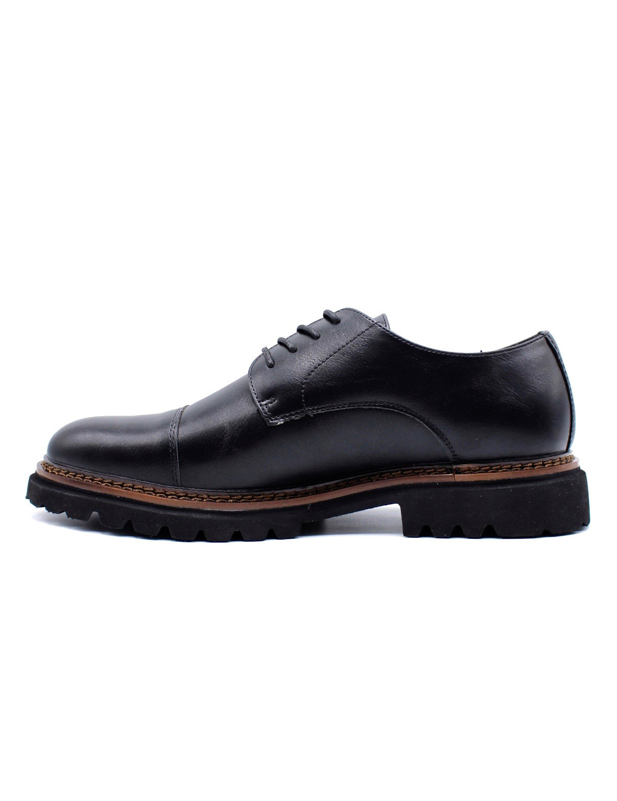Men’s Round Toe Cap Derby Shoes, Rugged Sole - Black