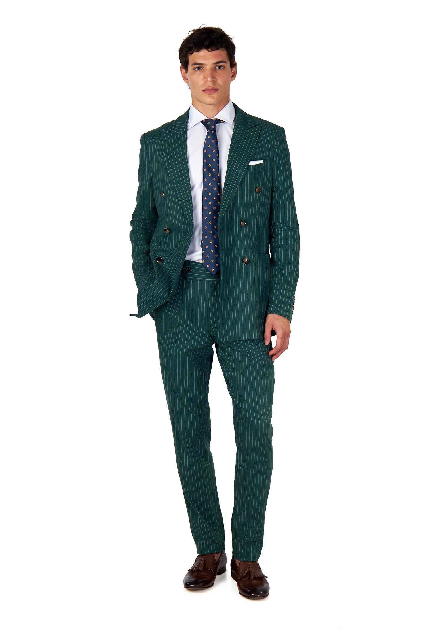 LLOYD – Double Breasted Linen Jacket In Green Pinstripes