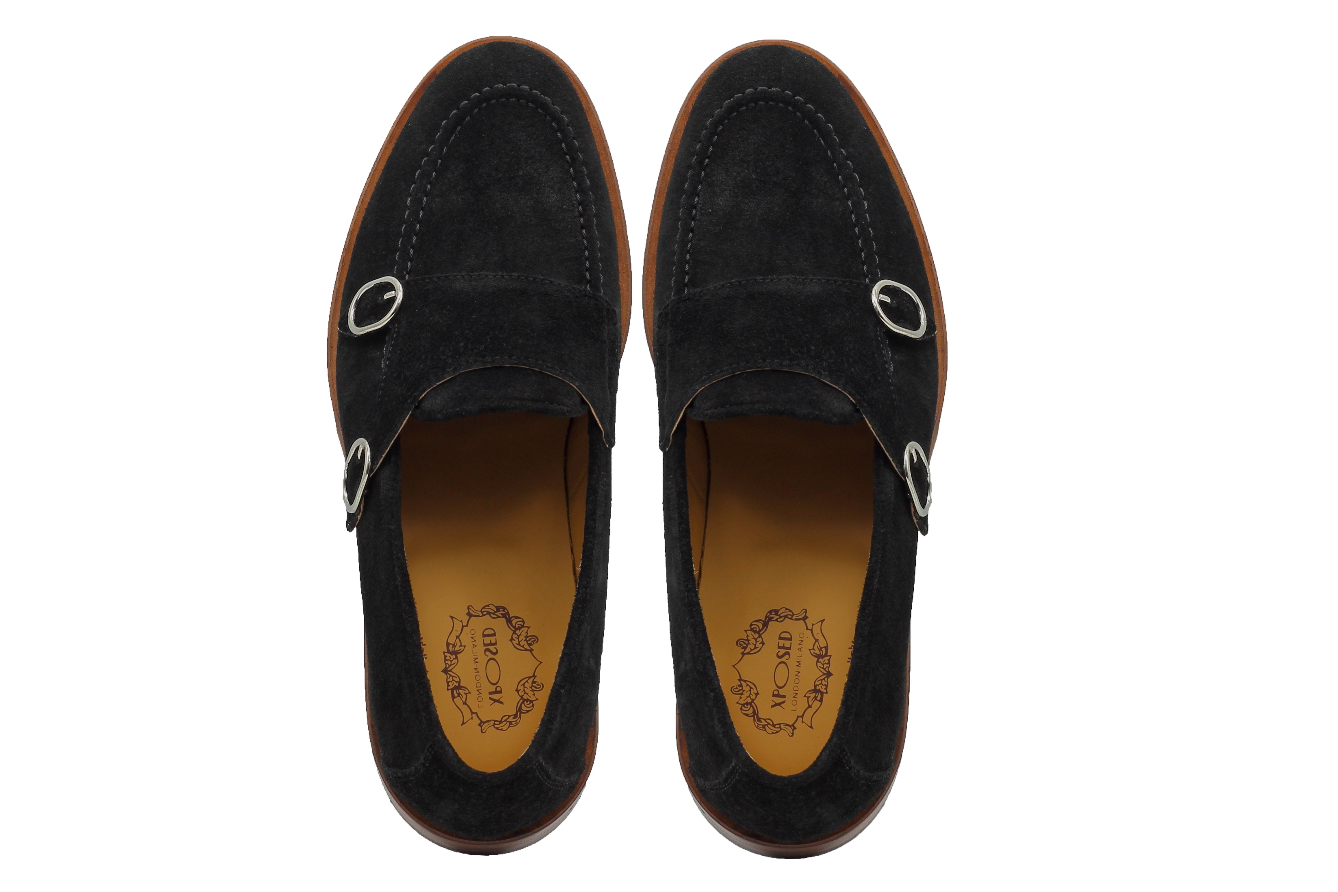 BLACK ITALIAN SUEDE DOUBLE BUCKLE MONK LOAFER