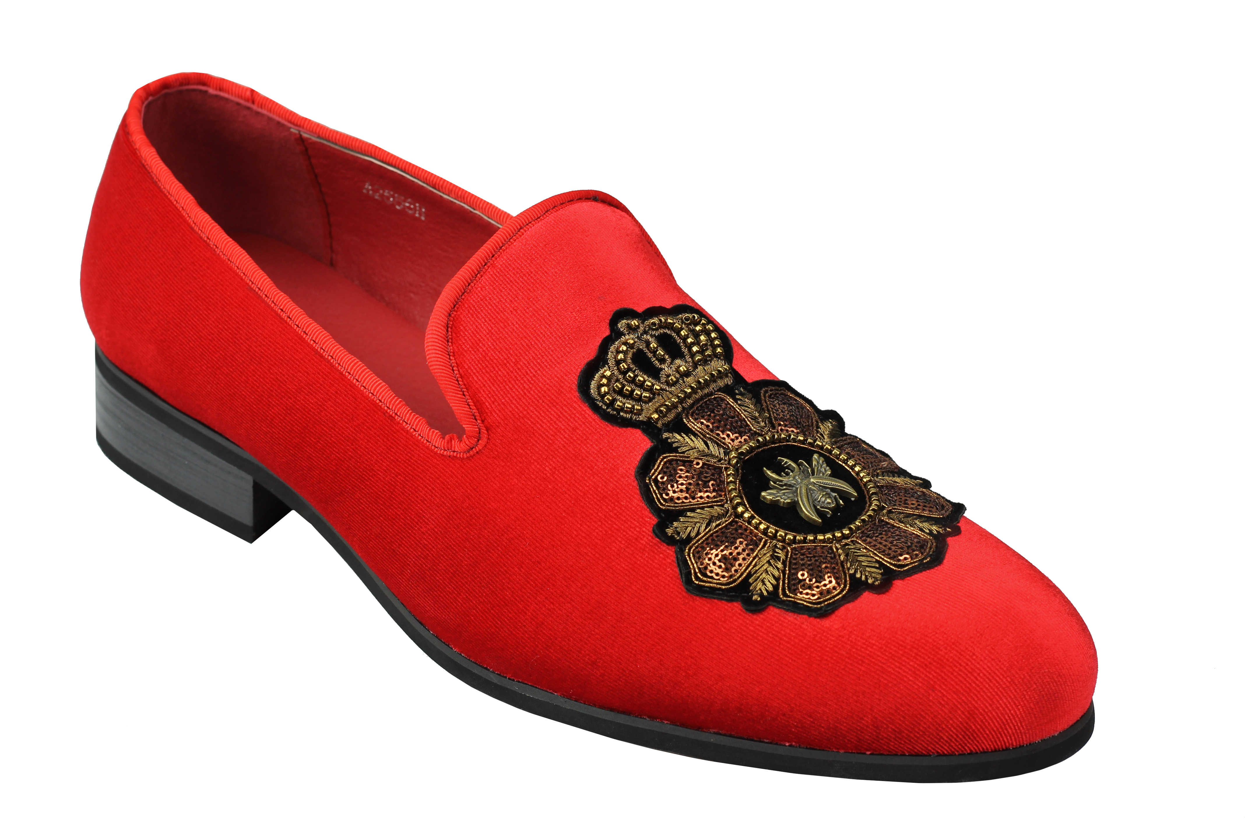 FAUX LEATHER EMBROIDERED VELVET LOAFERS IN RED