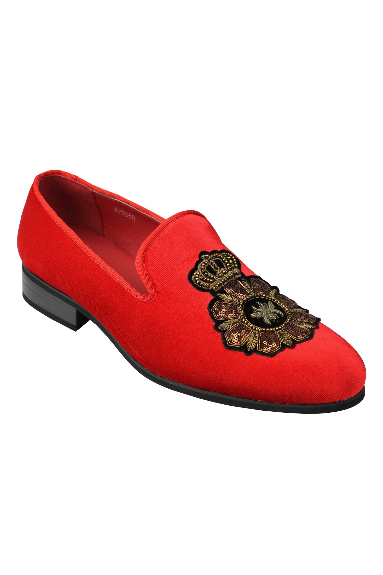 FAUX LEATHER EMBROIDERED VELVET LOAFERS IN RED