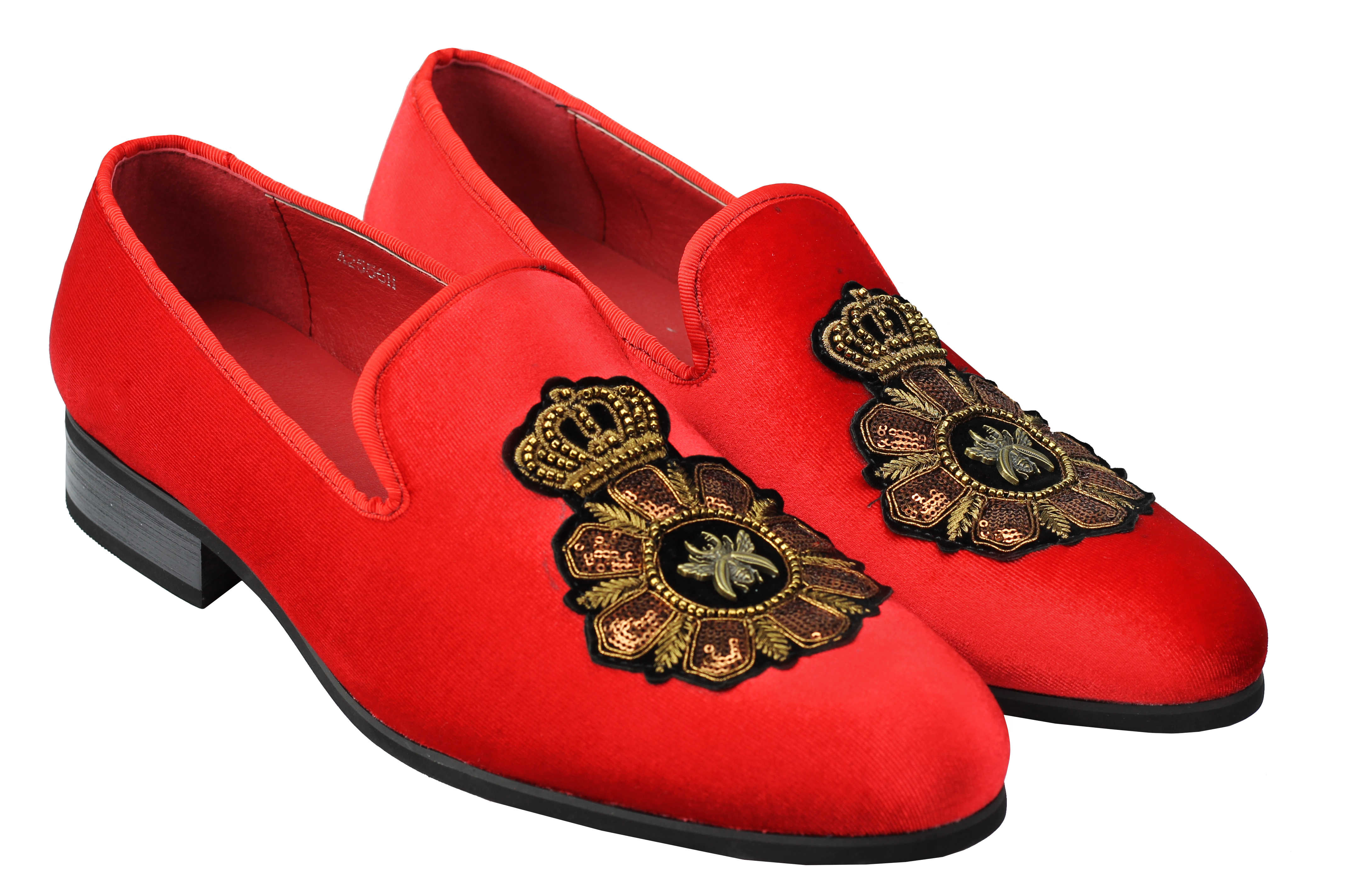 FAUX LEATHER EMBROIDERED VELVET LOAFERS IN RED