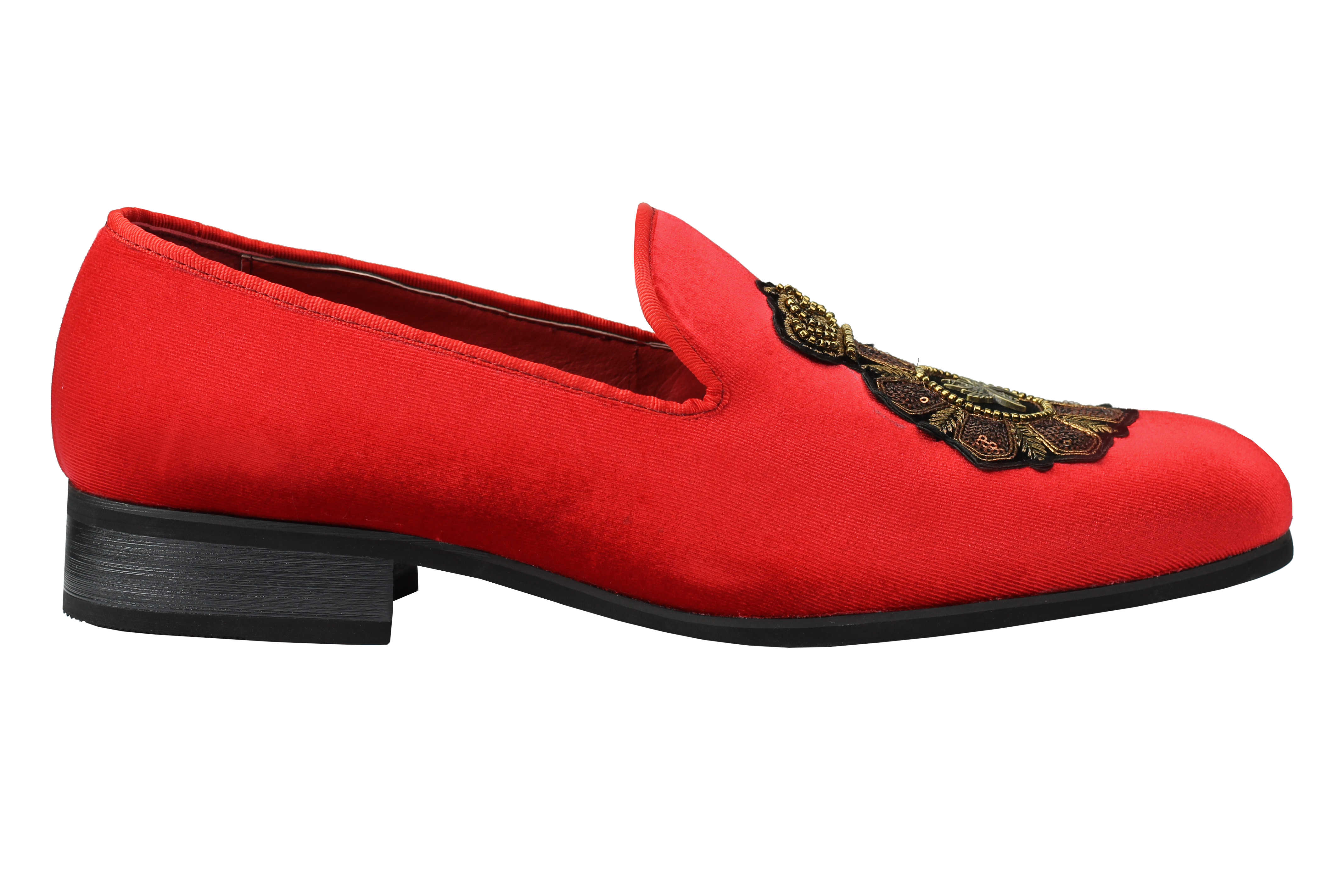 FAUX LEATHER EMBROIDERED VELVET LOAFERS IN RED
