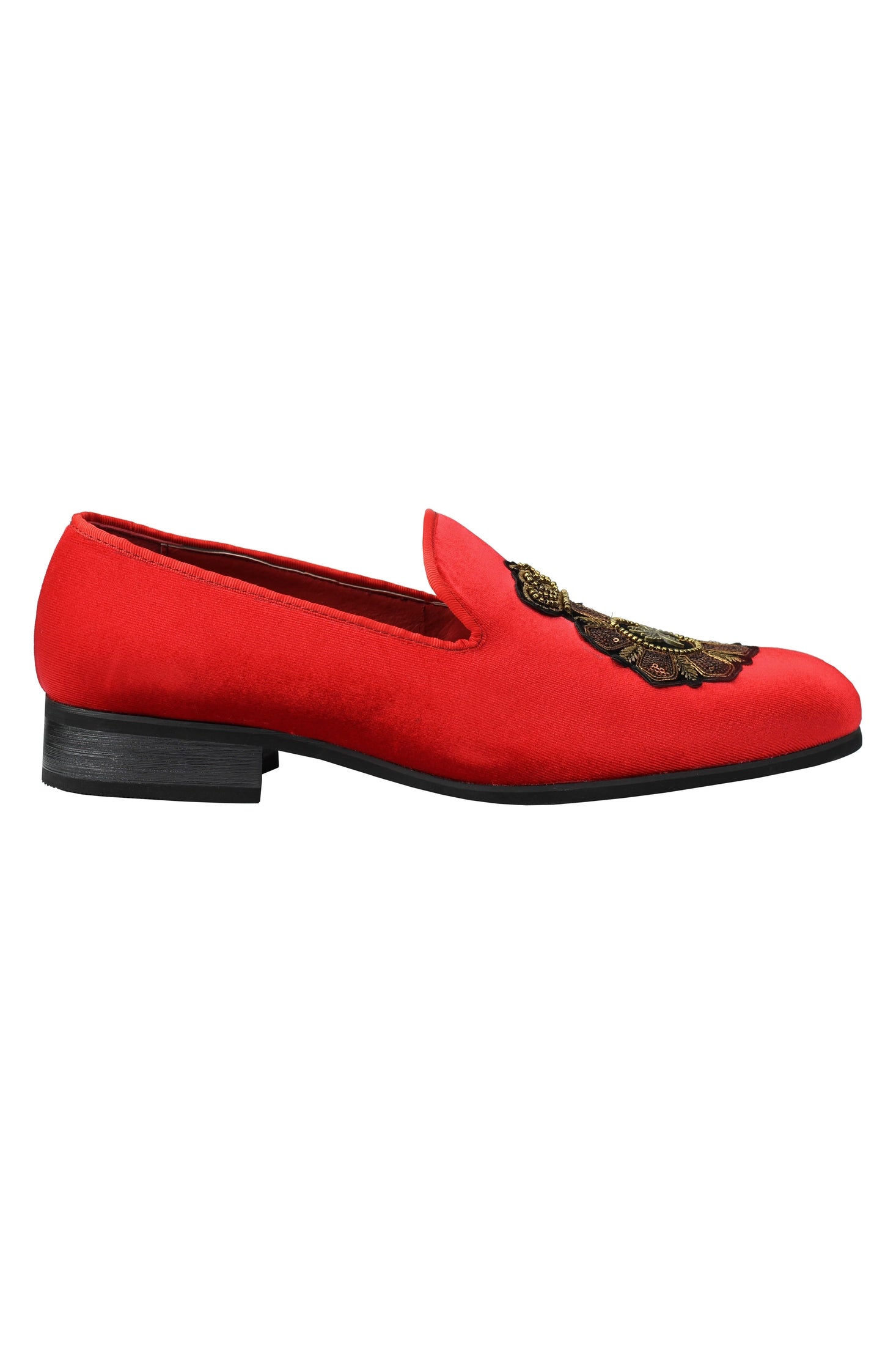 FAUX LEATHER EMBROIDERED VELVET LOAFERS IN RED