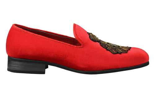 FAUX LEATHER EMBROIDERED VELVET LOAFERS IN RED