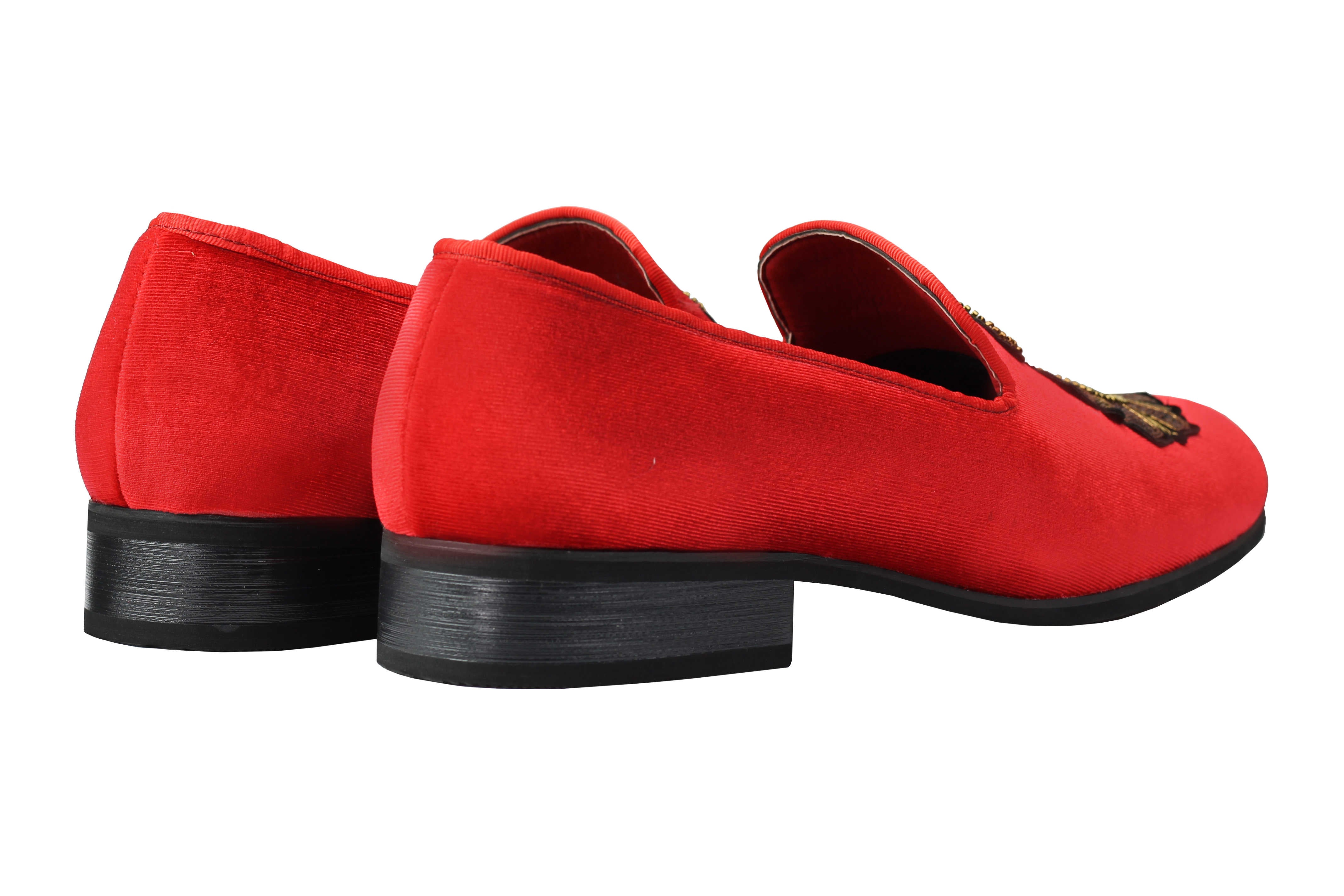 FAUX LEATHER EMBROIDERED VELVET LOAFERS IN RED