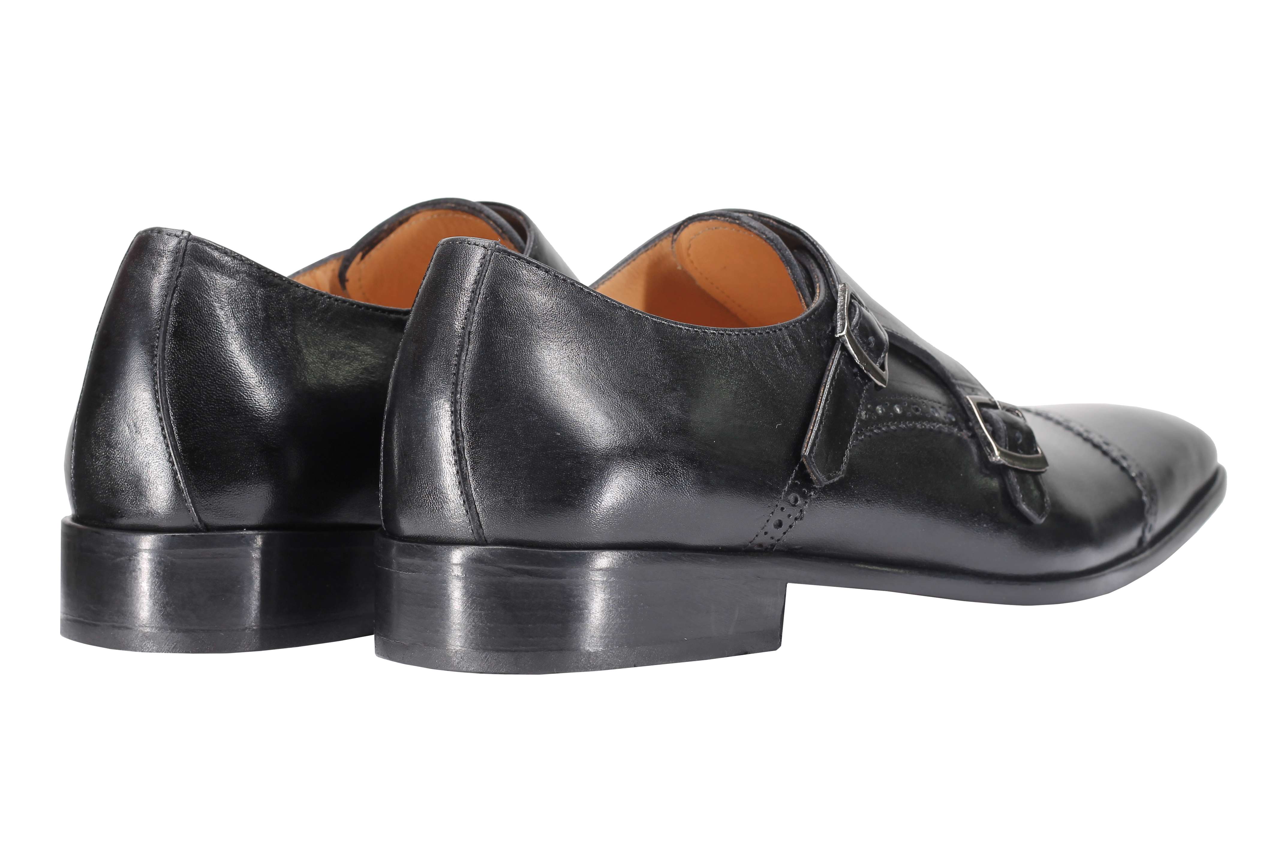 BLACK CALF LEATHER SEMI BROGUE MONK SHOES