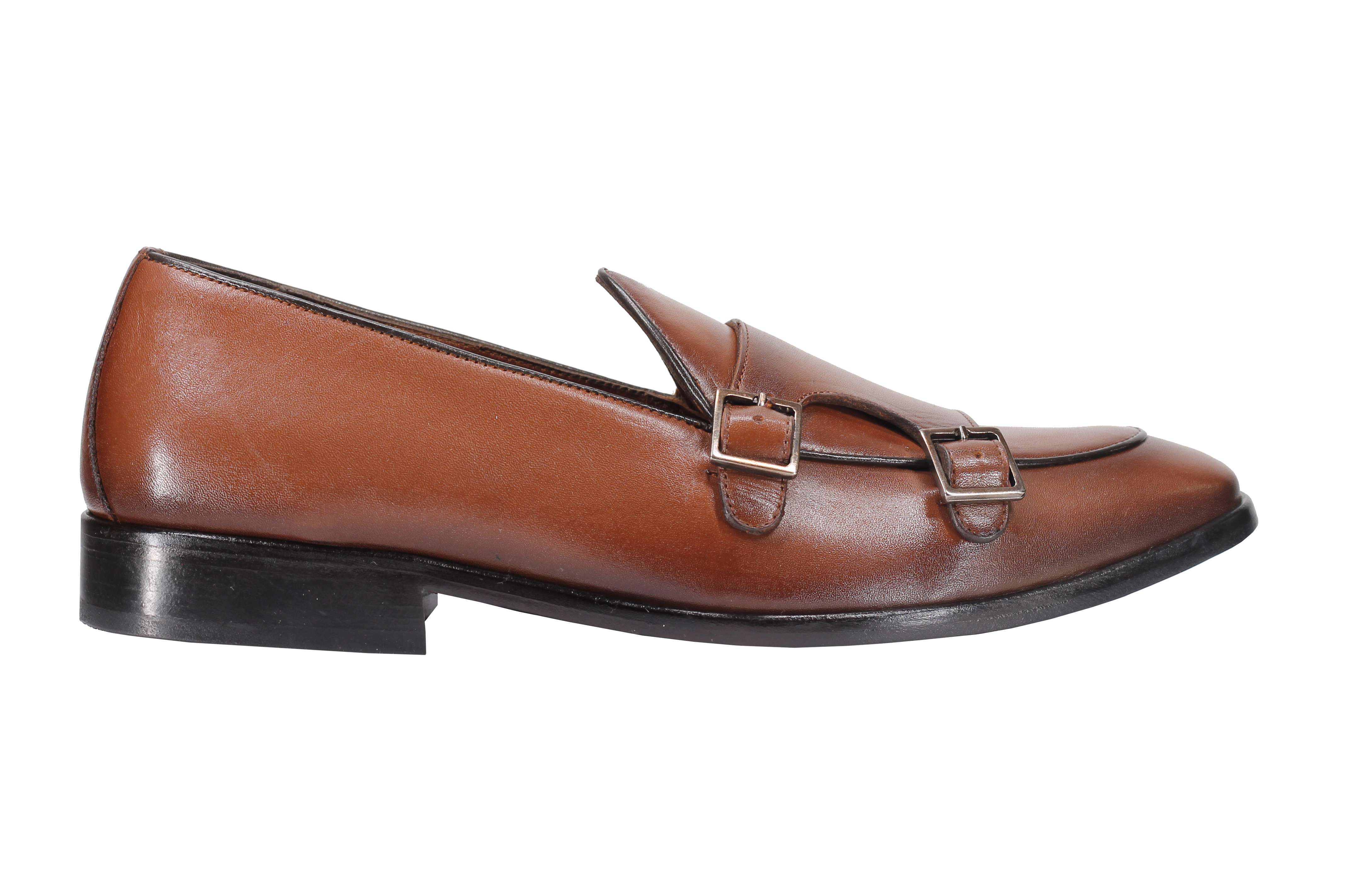 Tan Calf Leather Double Monk Shoes