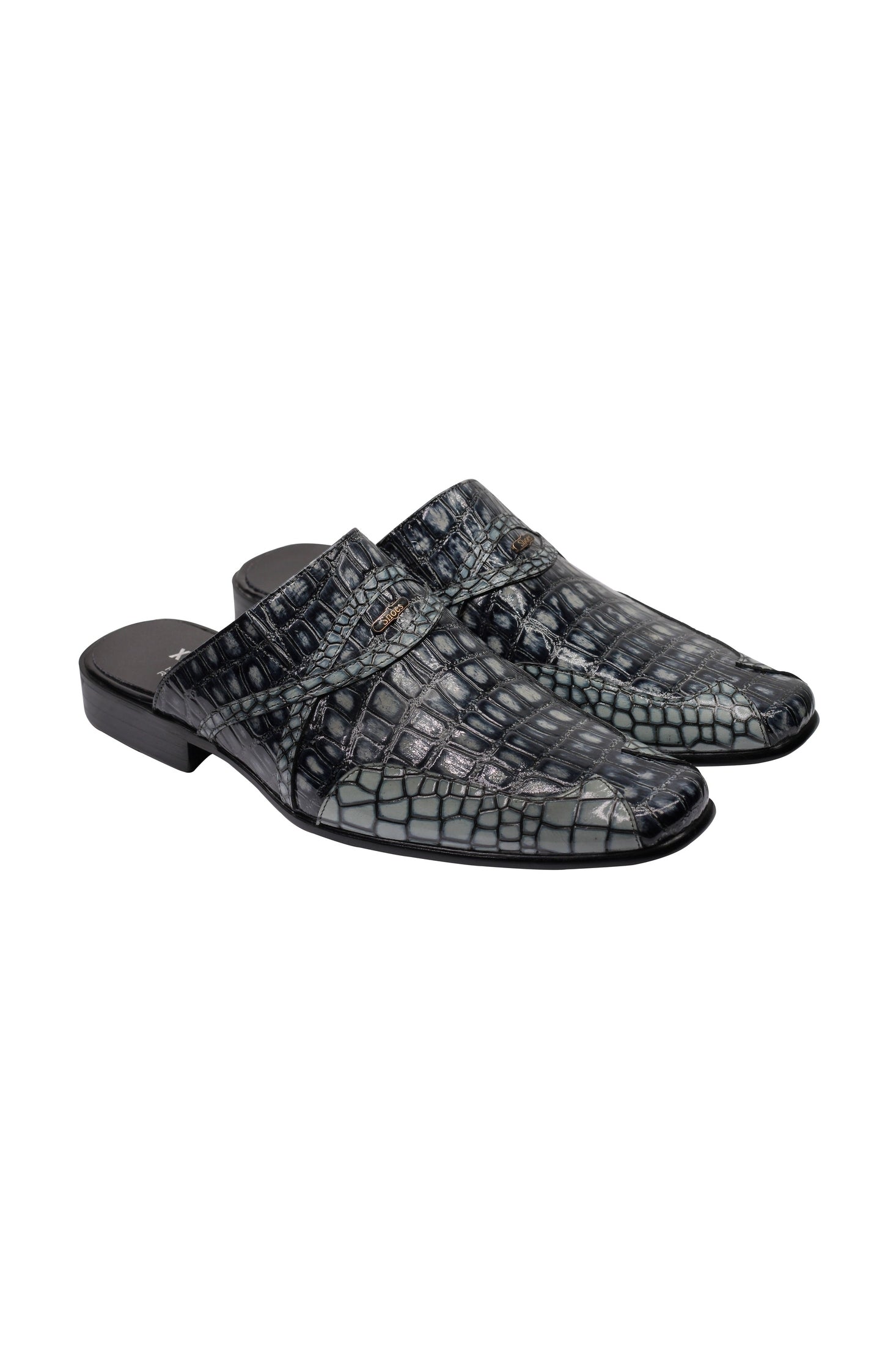 REAL LEATHER BLACK GREY SHINY PRINTED HALF SHOES