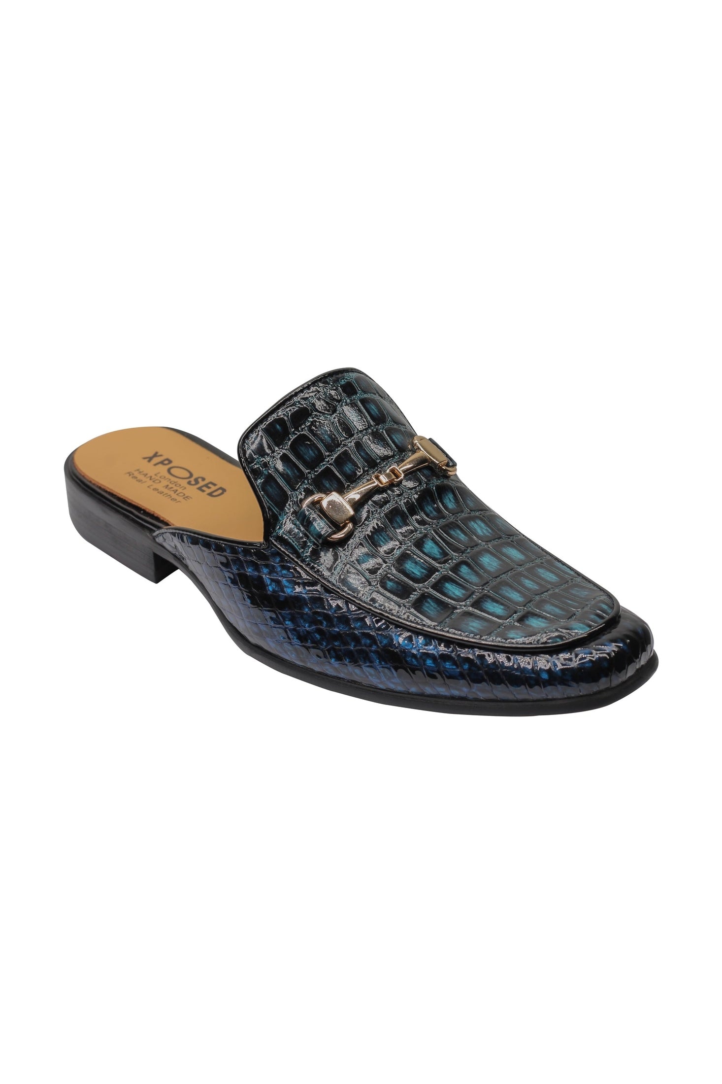 REAL LEATHER SHINY PRINTED HALF SHOES IN BLUE