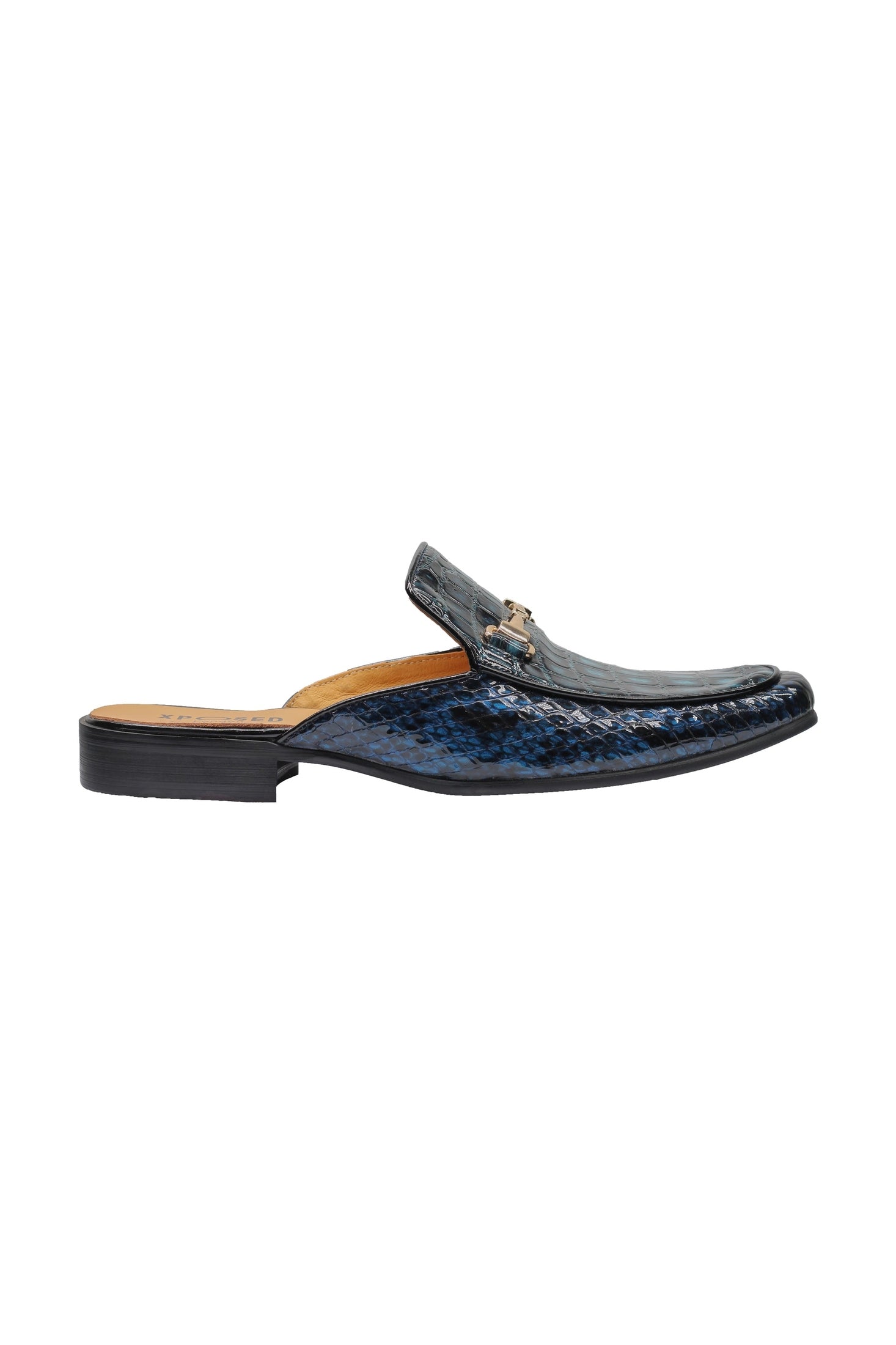 REAL LEATHER SHINY PRINTED HALF SHOES IN BLUE