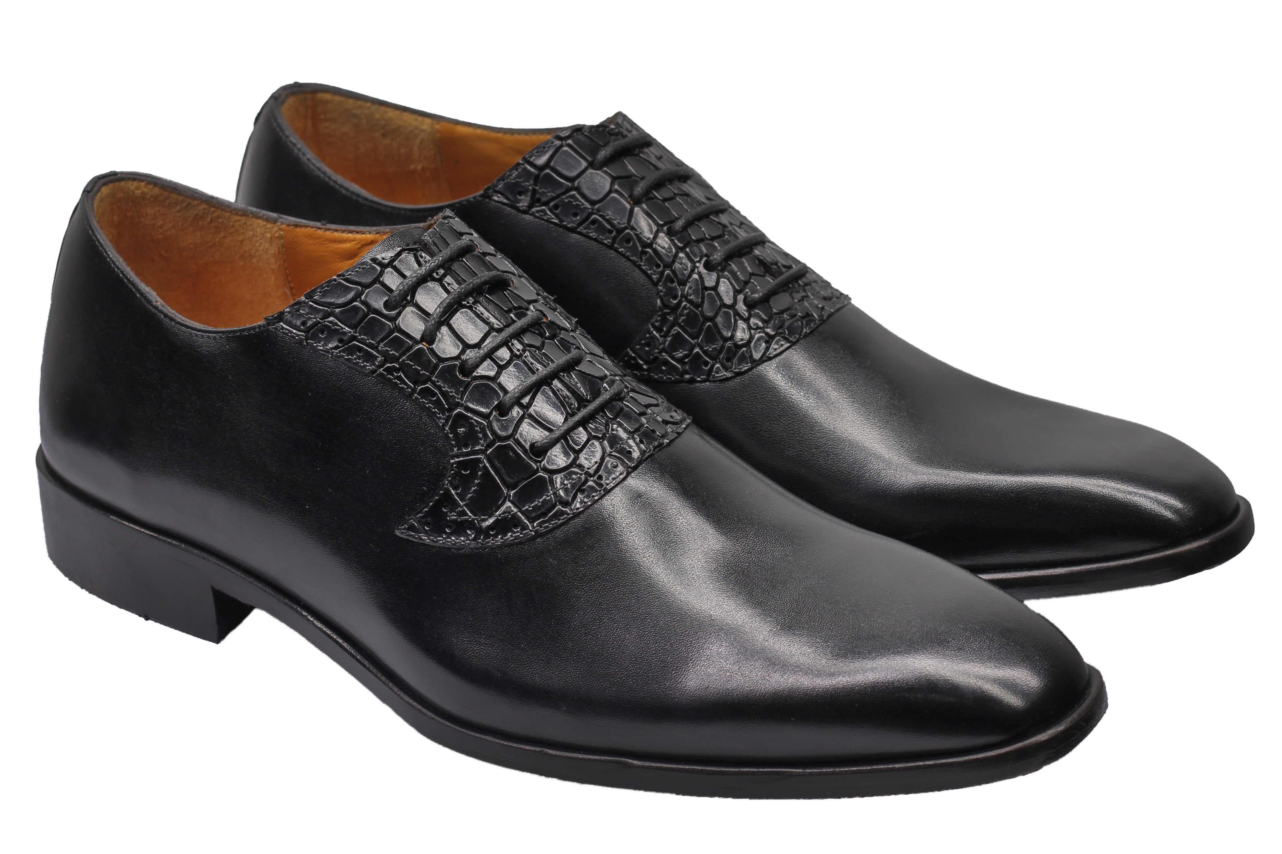BLACK CALF LEATHER CROC PRINT WHOLECUT OXFORDS