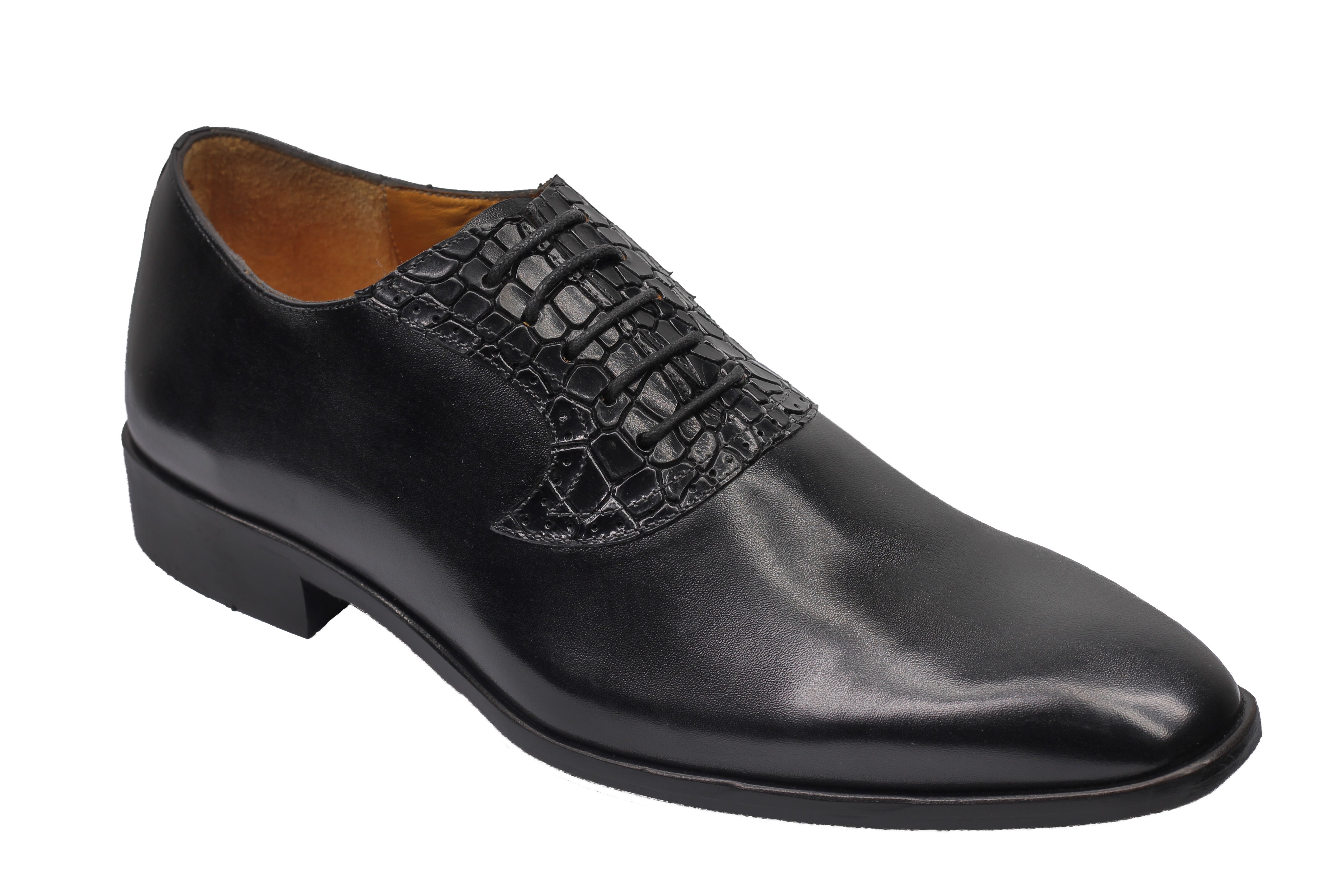 BLACK CALF LEATHER CROC PRINT WHOLECUT OXFORDS