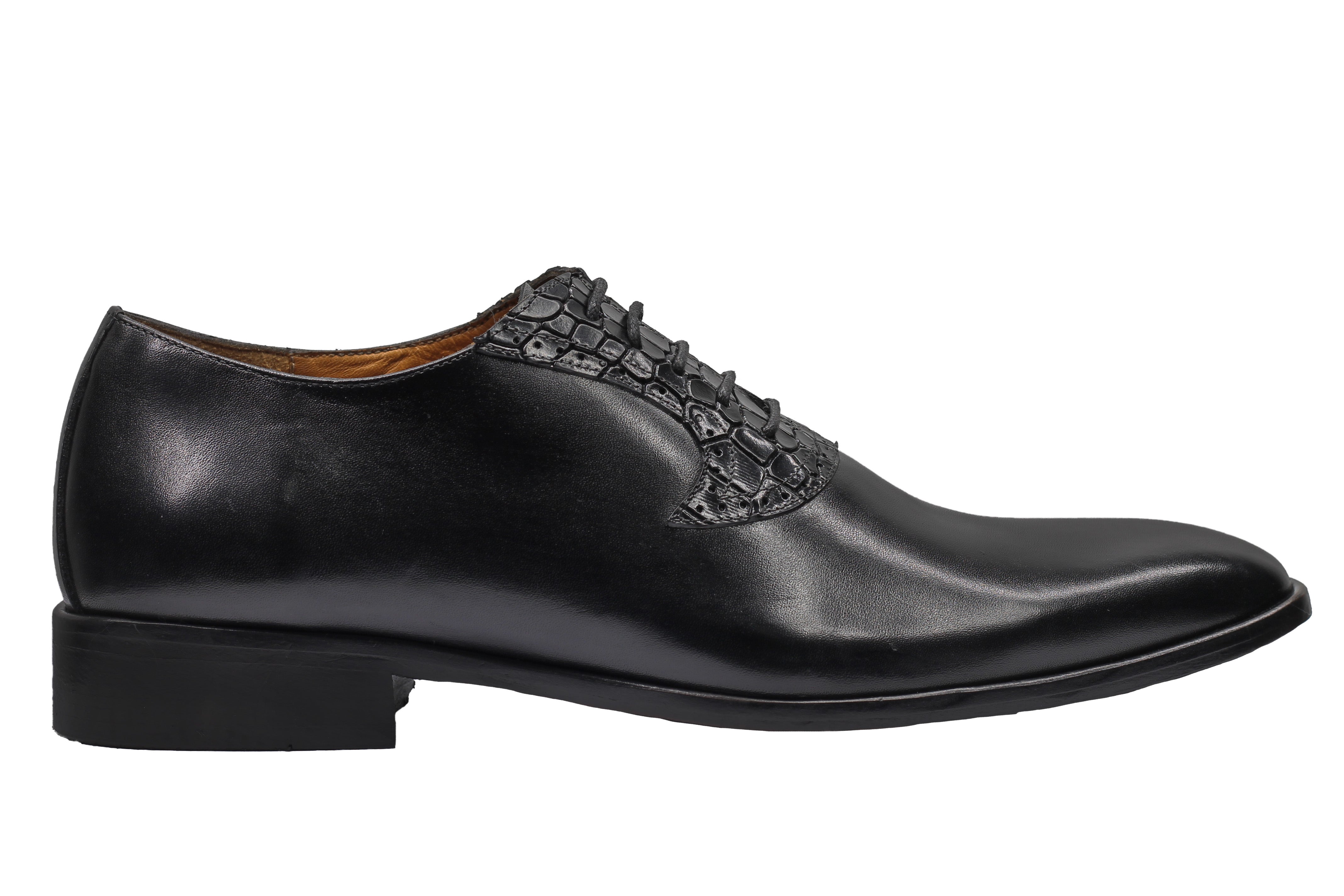 BLACK CALF LEATHER CROC PRINT WHOLECUT OXFORDS