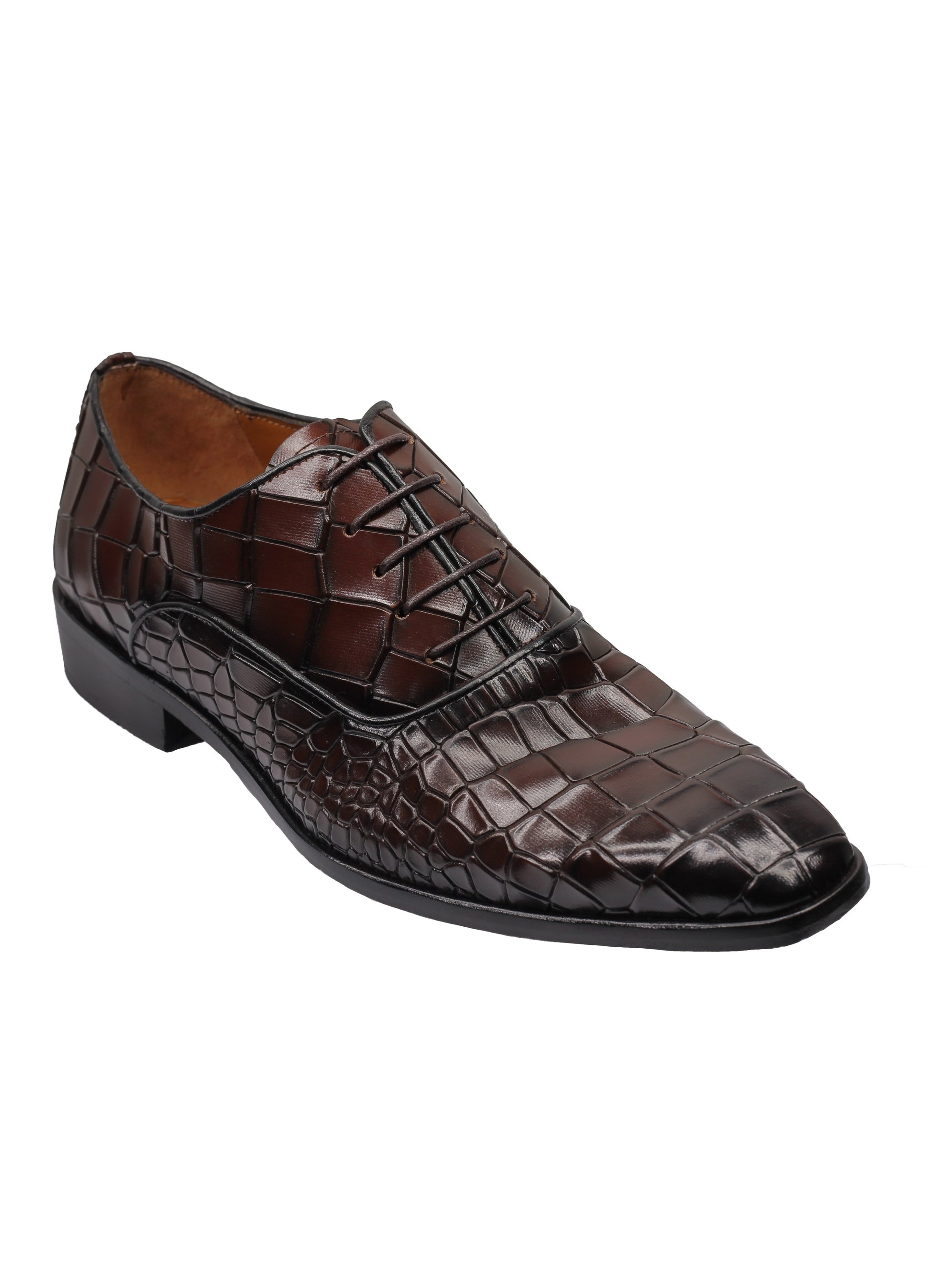 BROWN– CROCO PRINTED LEATHER OXFORDS