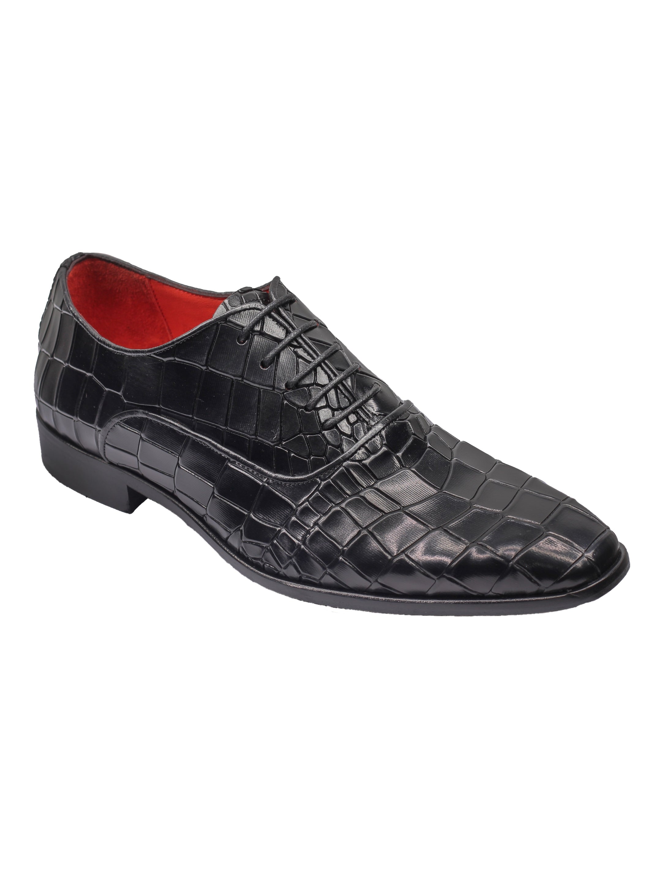BLACK – CROCO PRINTED LEATHER OXFORDS