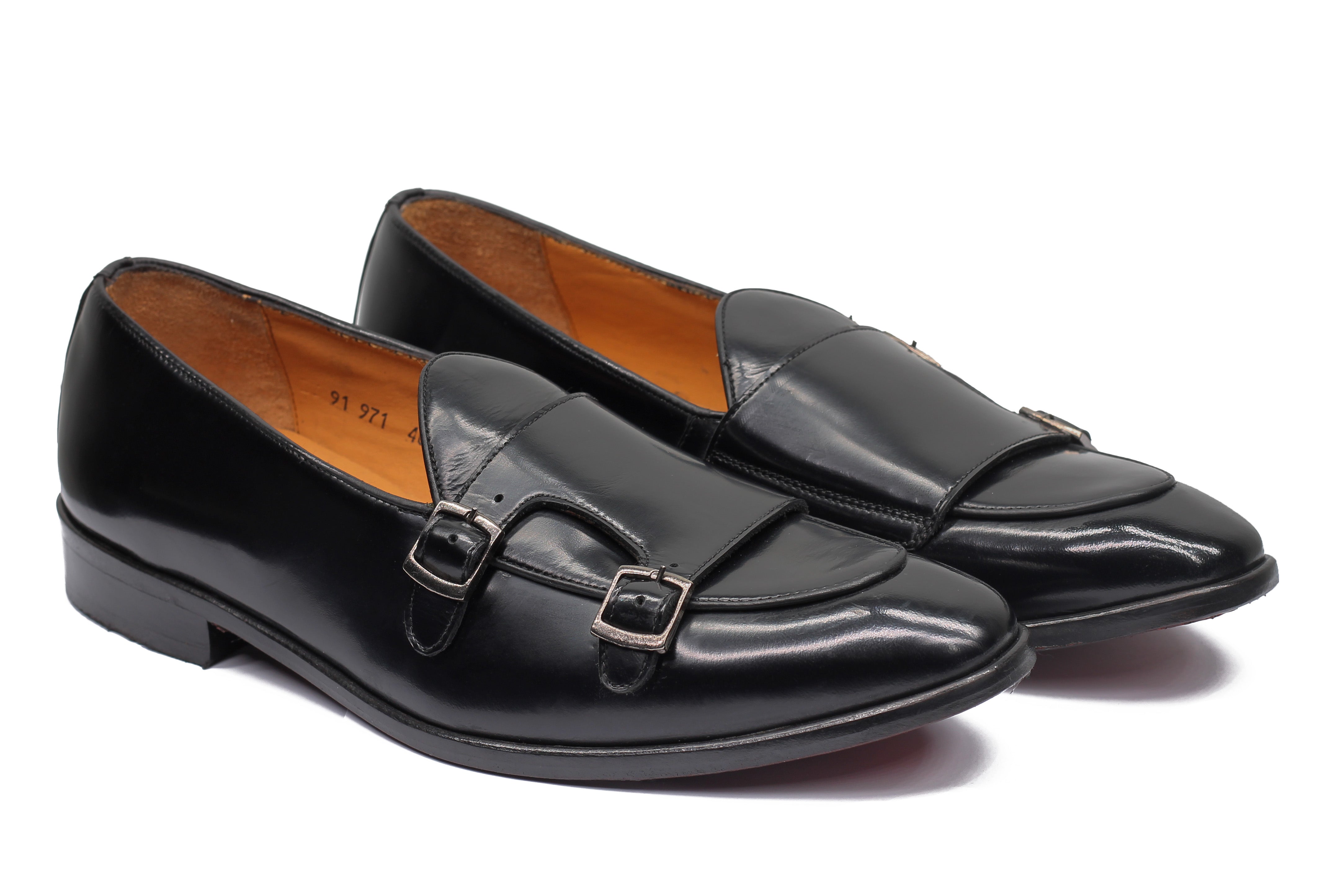 BLACK POLISHED LEATHER DOUBLE MONK SHOES
