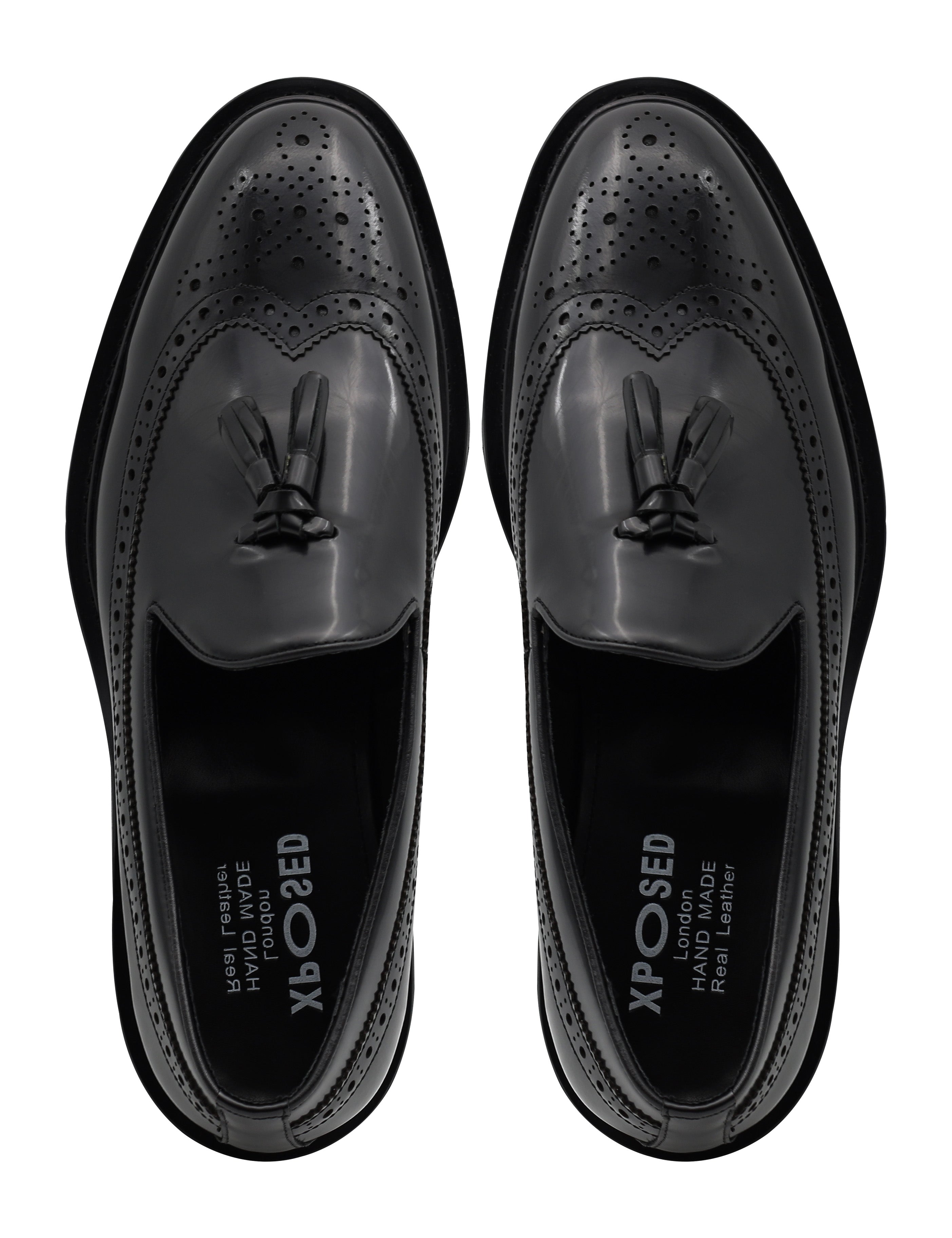 BLACK GLOSS POLISHED LEATHER TASSEL LOAFERS