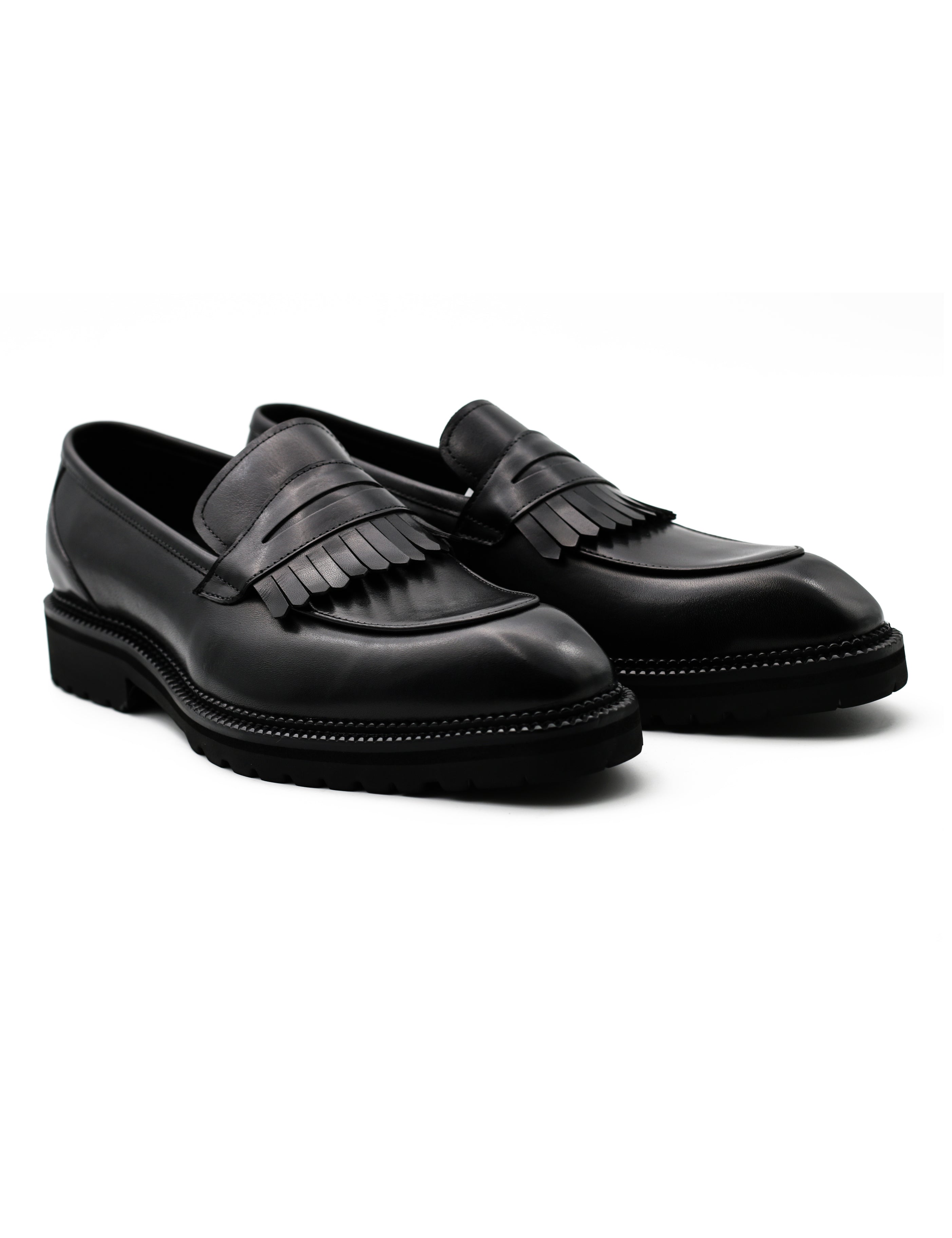 BLACK LEATHER PENNY LOAFERS WITH FRINGE