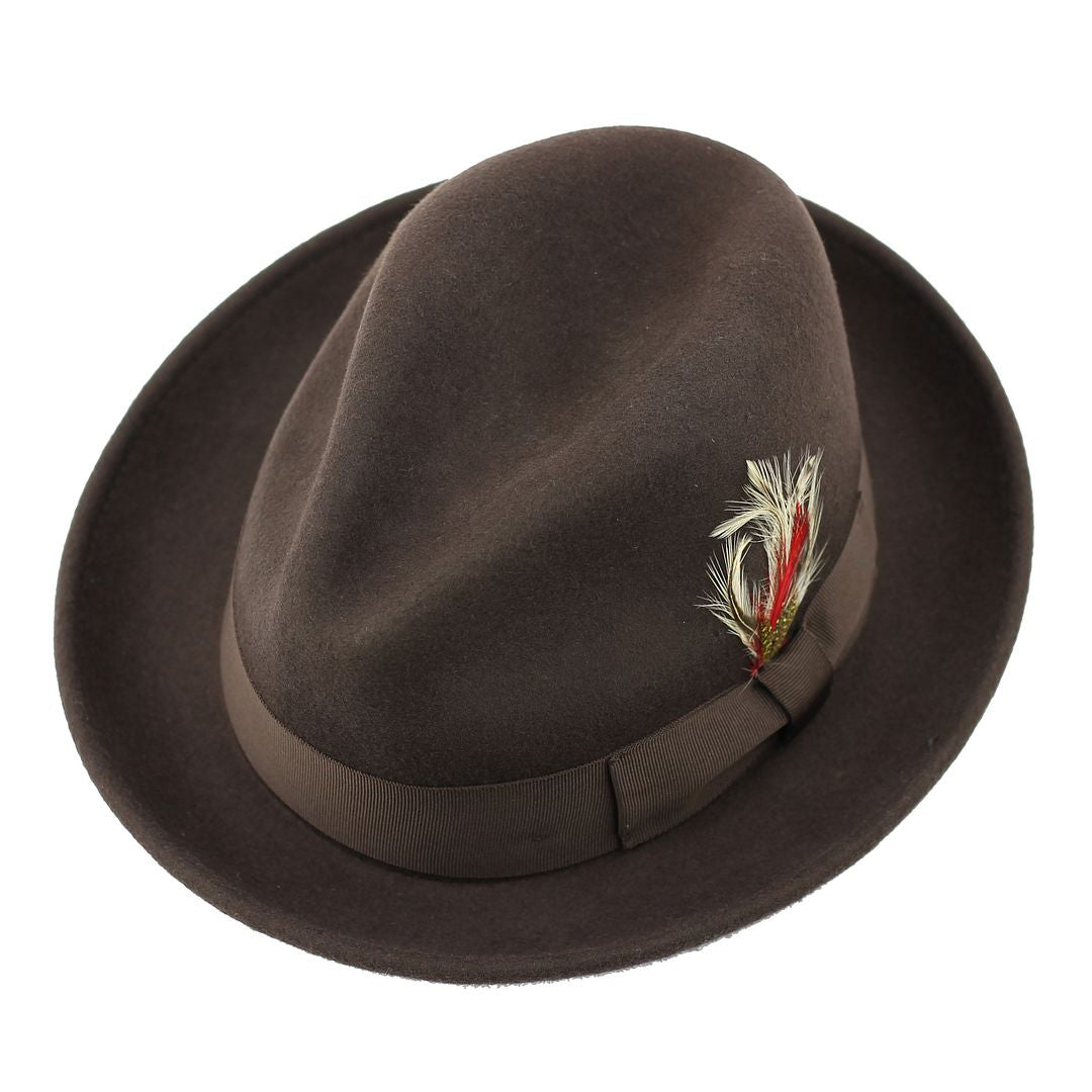 Feather Brown Hat 100% Felt Wool Crushable Fedora Brim - CC308