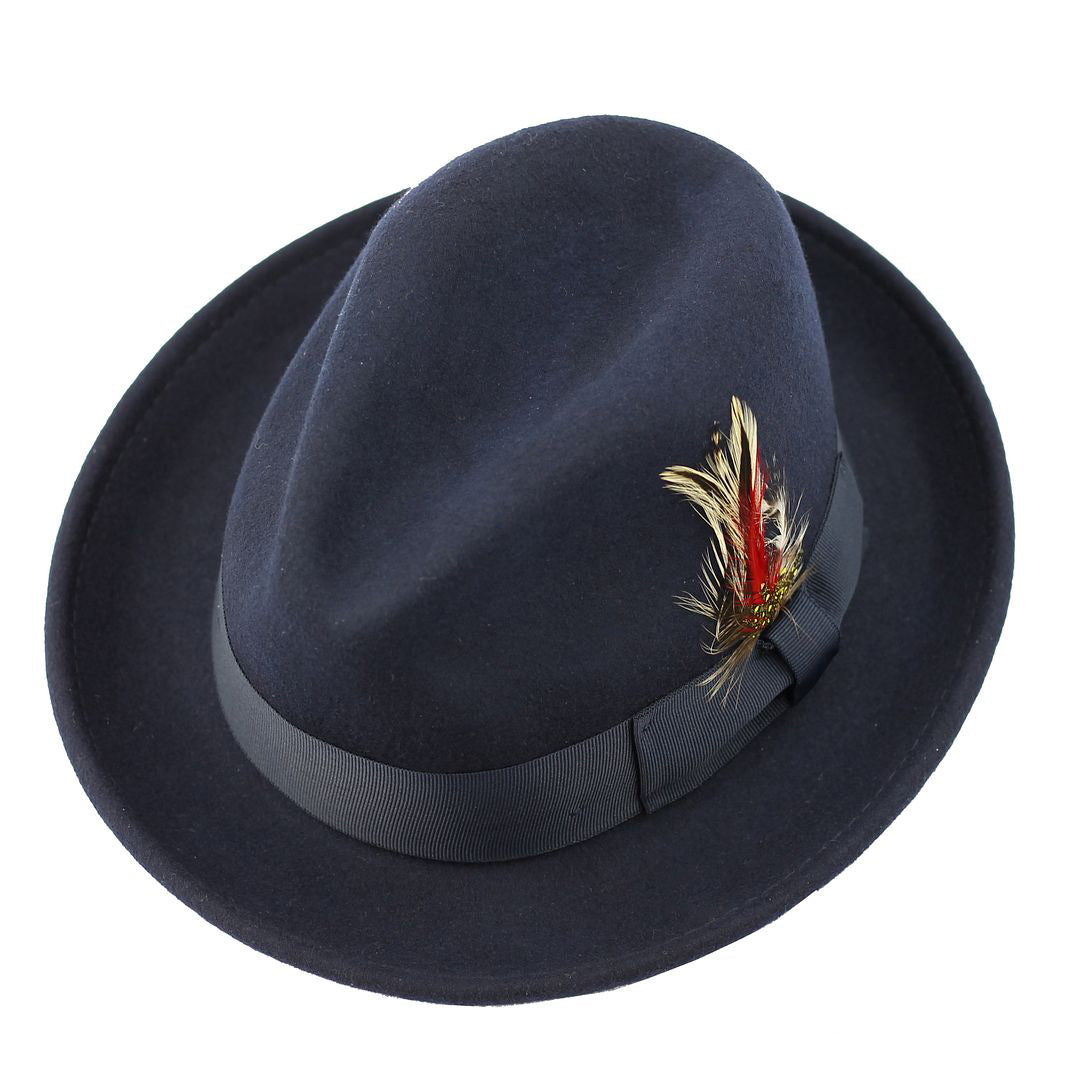Feather Navy Hat 100% Felt Wool Crushable Fedora Brim - CC308