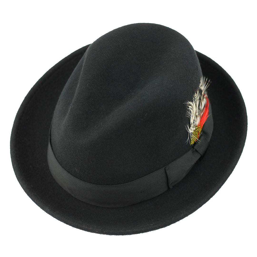 Feather Black Hat 100% Felt Wool Crushable Fedora Brim - CC308
