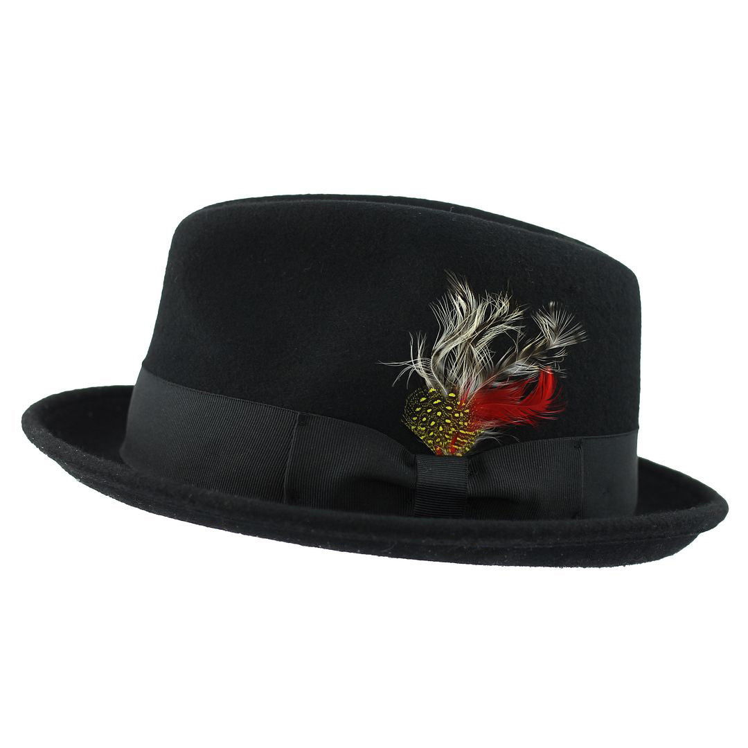 Feather Black Hat 100% Felt Wool Crushable Fedora Brim - CC308