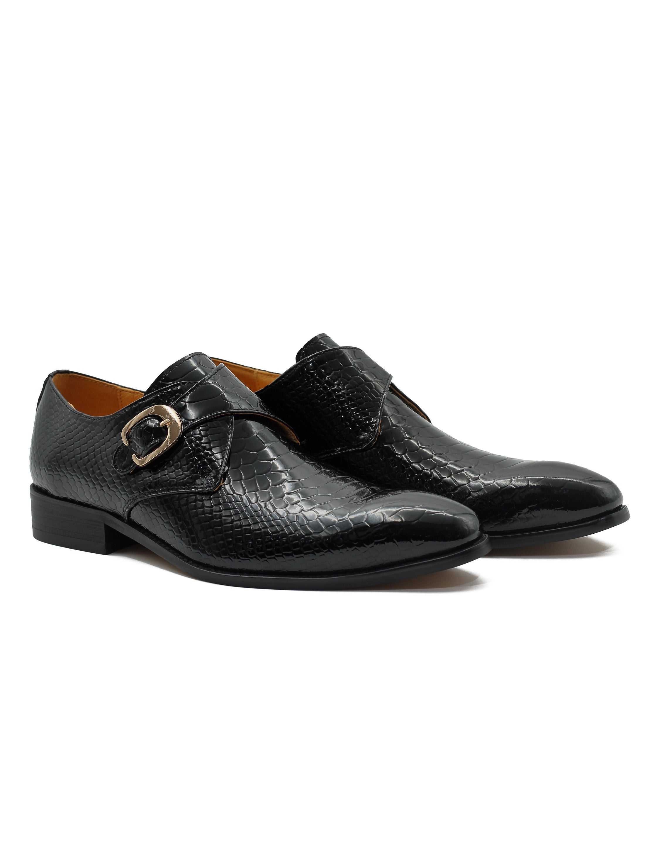 BLACK CROC PRINT PATENT LEATHER MONK SHOES