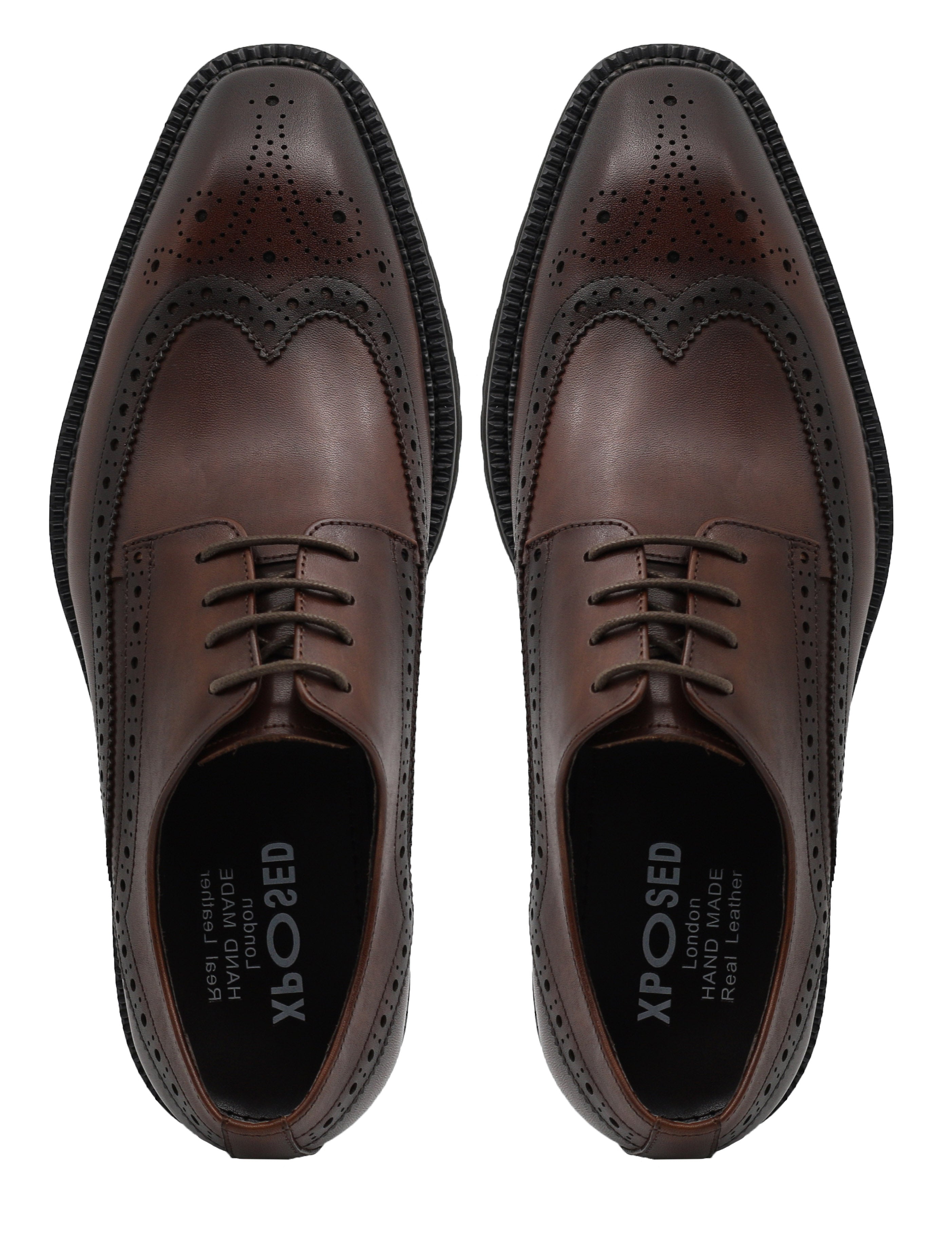 BROWN LEATHER DERBY LACE-UP SEMI BROGUE SHOES